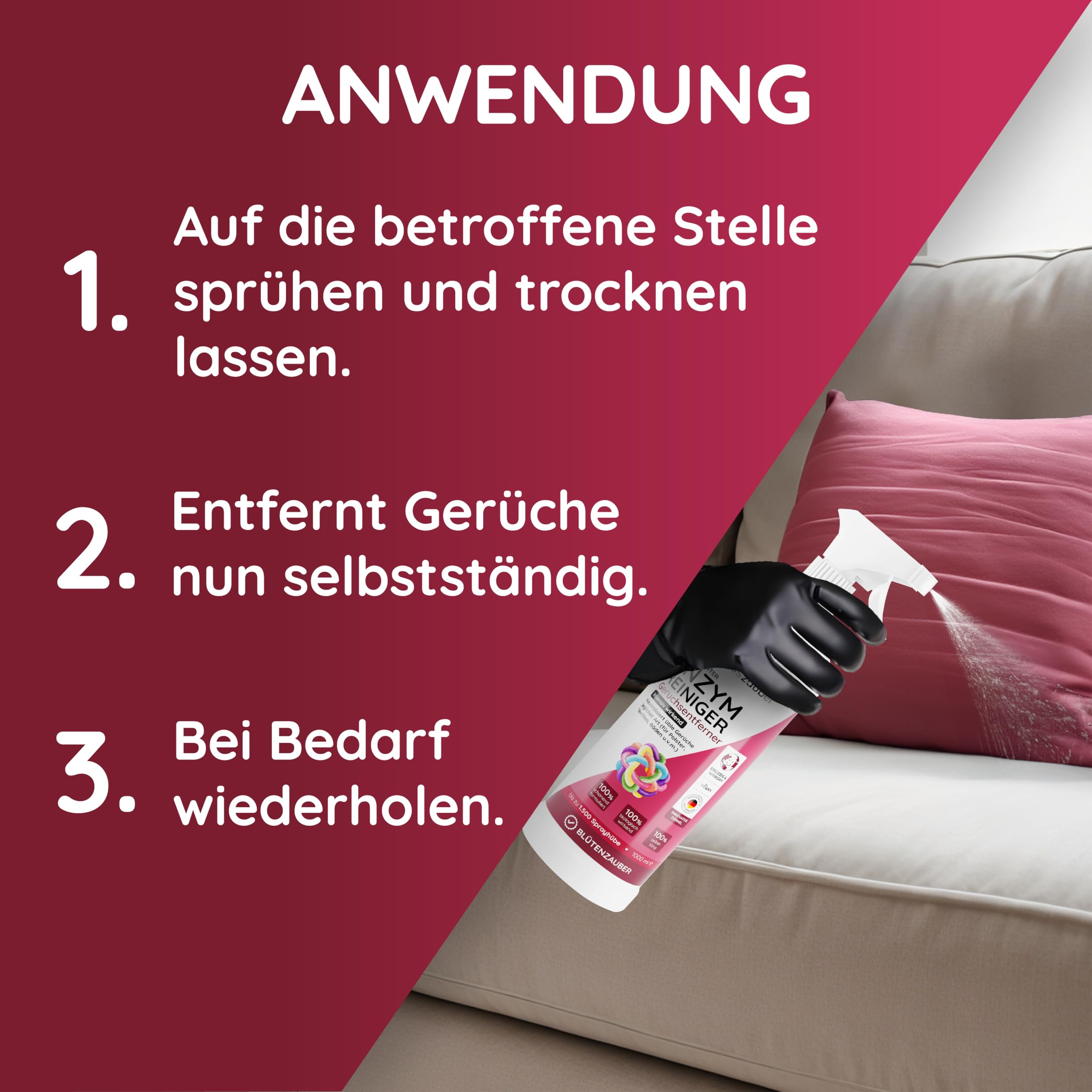 hauszauber - Enzymreiniger [STARKER GERUCHSENTFERNER] 1000 ml - Gegen Katzenurin, Nikotin, Tiergerüche etc. - Schlechte Gerüche aus Auto & Teppich entfernen - Geruchsentferner - Blütenzauber