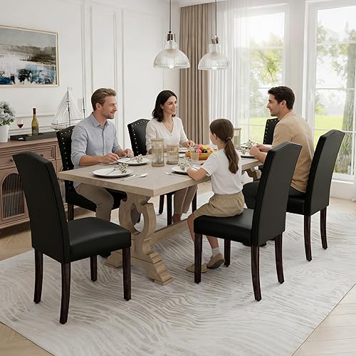 Miniatura 7 de LSSPAID Juego de 2 sillas de comedor, modernas sillas Parsons tapizadas de piel sintética con borde de cabeza de clavo de bronce y patas de madera