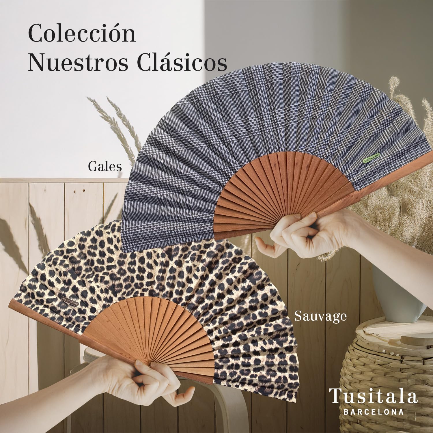 Tusitala Barcelona - Animal Print Hand Fan | Handcrafted Spanish Hand Fan | Cotton Fabric and Wood | Includes Protective Jute Cotton Bag | Authentic Gift | 23cm - 9”.