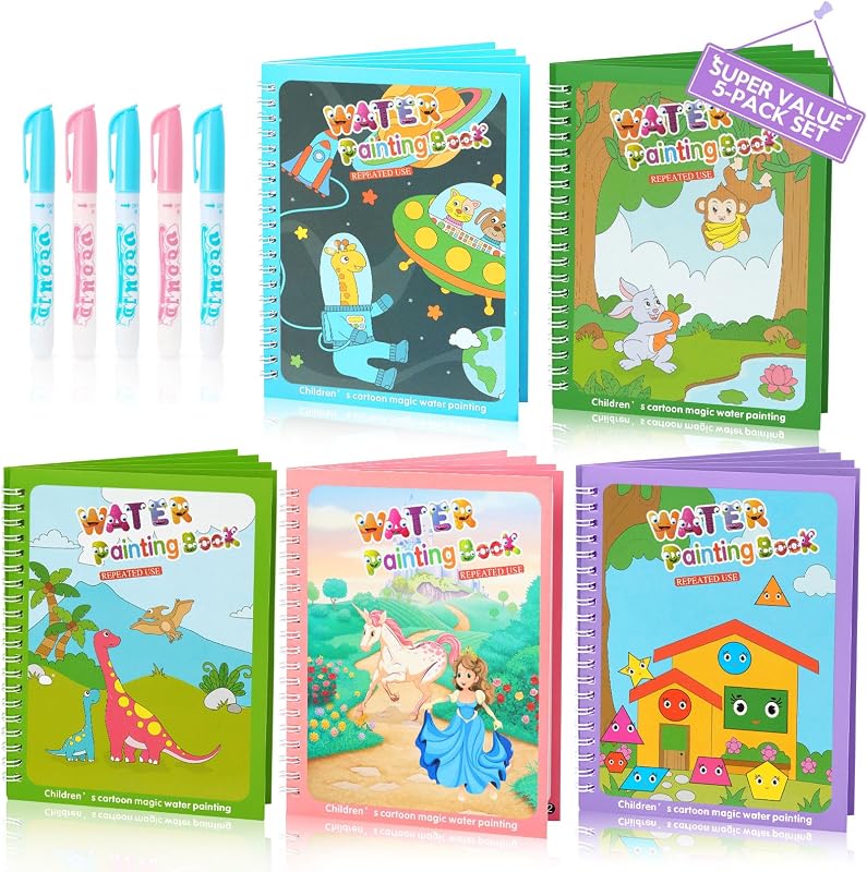 5 Pack Water Coloring Books for Toddlers 1-3 - Mess Free Painting for Kids & Reusable Magic Water Activity Book - Aqua Art Travel Toys & Educational Arts and Crafts Gifts for Boys Girls Age 2-4