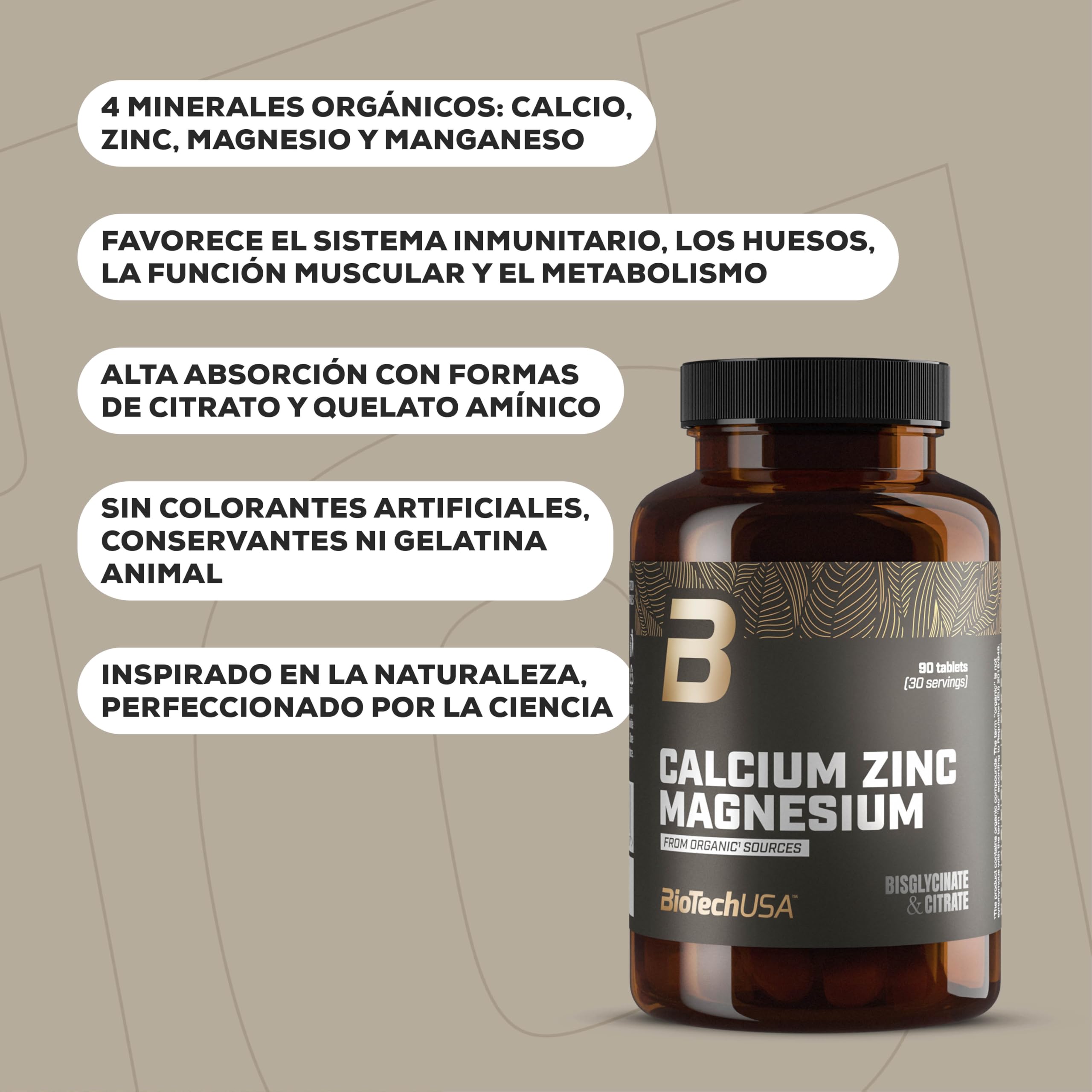 BioTechUSA Calcium Zinc Magnesium from Organic Sources | 4 tipos de minerales biológicos | Fórmula sinérgica para huesos, músculos, sistema nervioso e inmunológico, 90 comprimidos