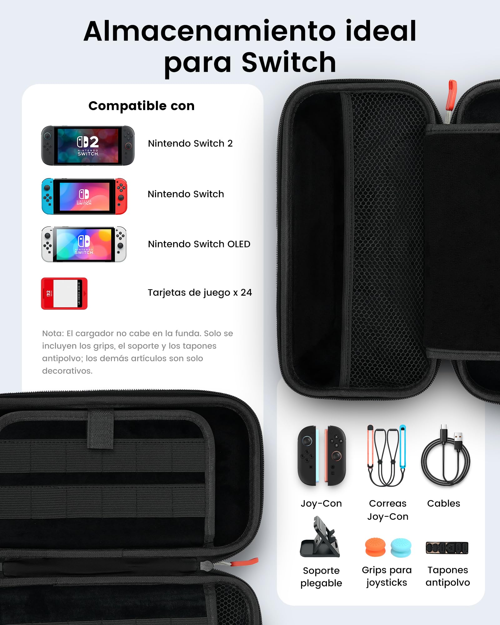TRANSNOVO Funda para Nintendo Switch 2 con Accesorios – Estuche Rígido con 24 Ranuras para Tarjetas de Juego, Protector de Pantalla HD, Soporte, Capuchones de Joystick y Carcasas para Joy-con