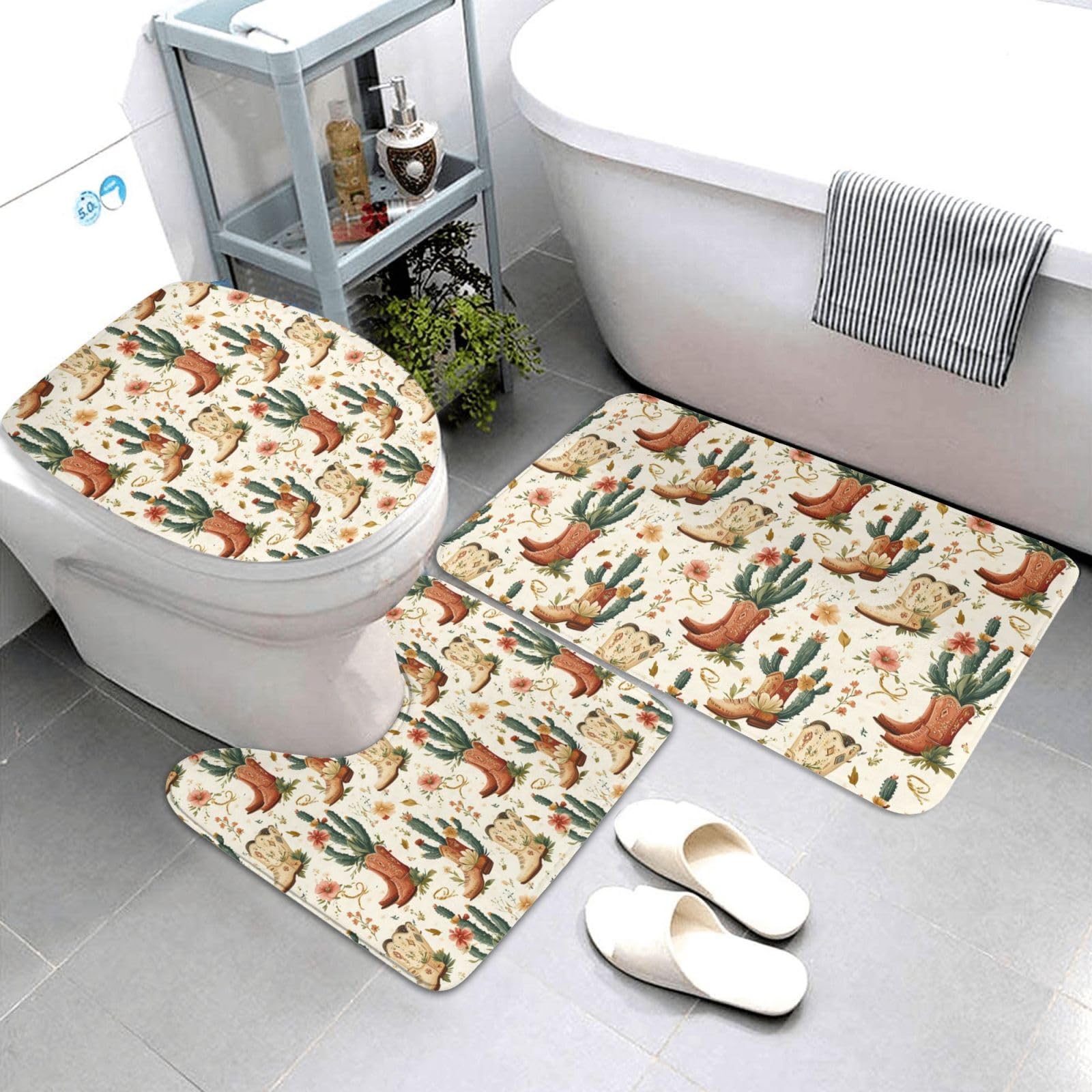 Tapis de salle de bain lot de 3 cactus country absorbant et antidérapant avec contour U