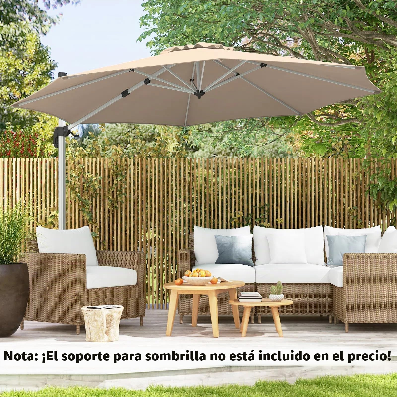 KOMFOTTEU Sombrilla Ø330 cm de Jardín, Sombrilla Giratoria 360° con Ángulo de Inclinación Ajustable, Parasol Cuadrado con Base Cruzada y 8 Varillas, Sombrilla de Terraza con protección UV
