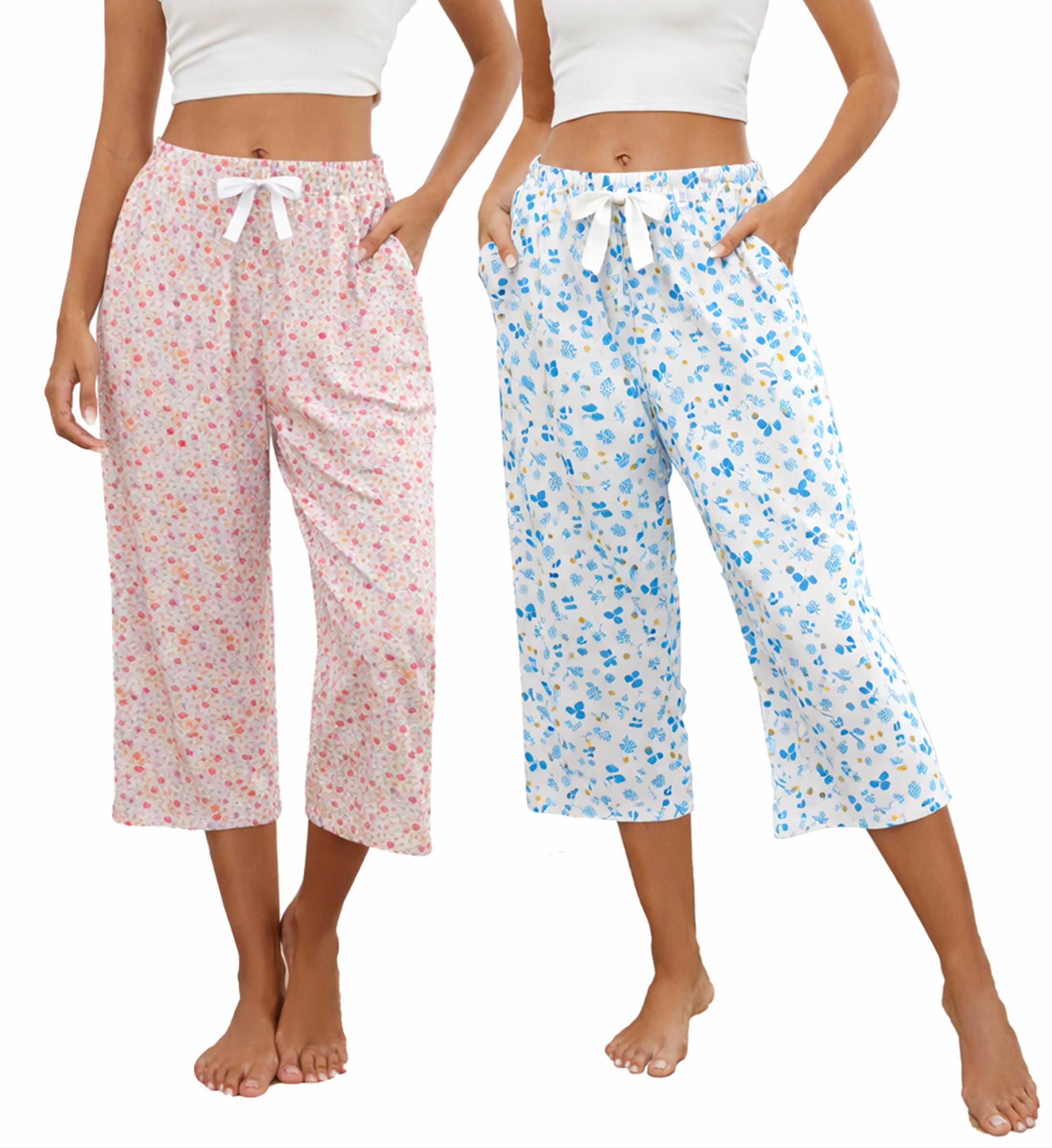 Kabento 2 Pack Womens Pajama Pants Capri Sleep Lounge Pants Drawstring Pj Bottoms with Pockets