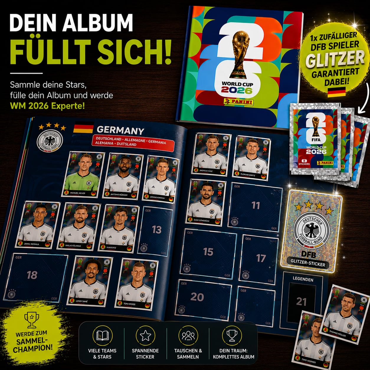 Panini Album di Adesivi Originale 2026 Mondiali Set di Base XXL Starter Set XL Copertina Morbida 6 Sacchetti Adesivi Germania