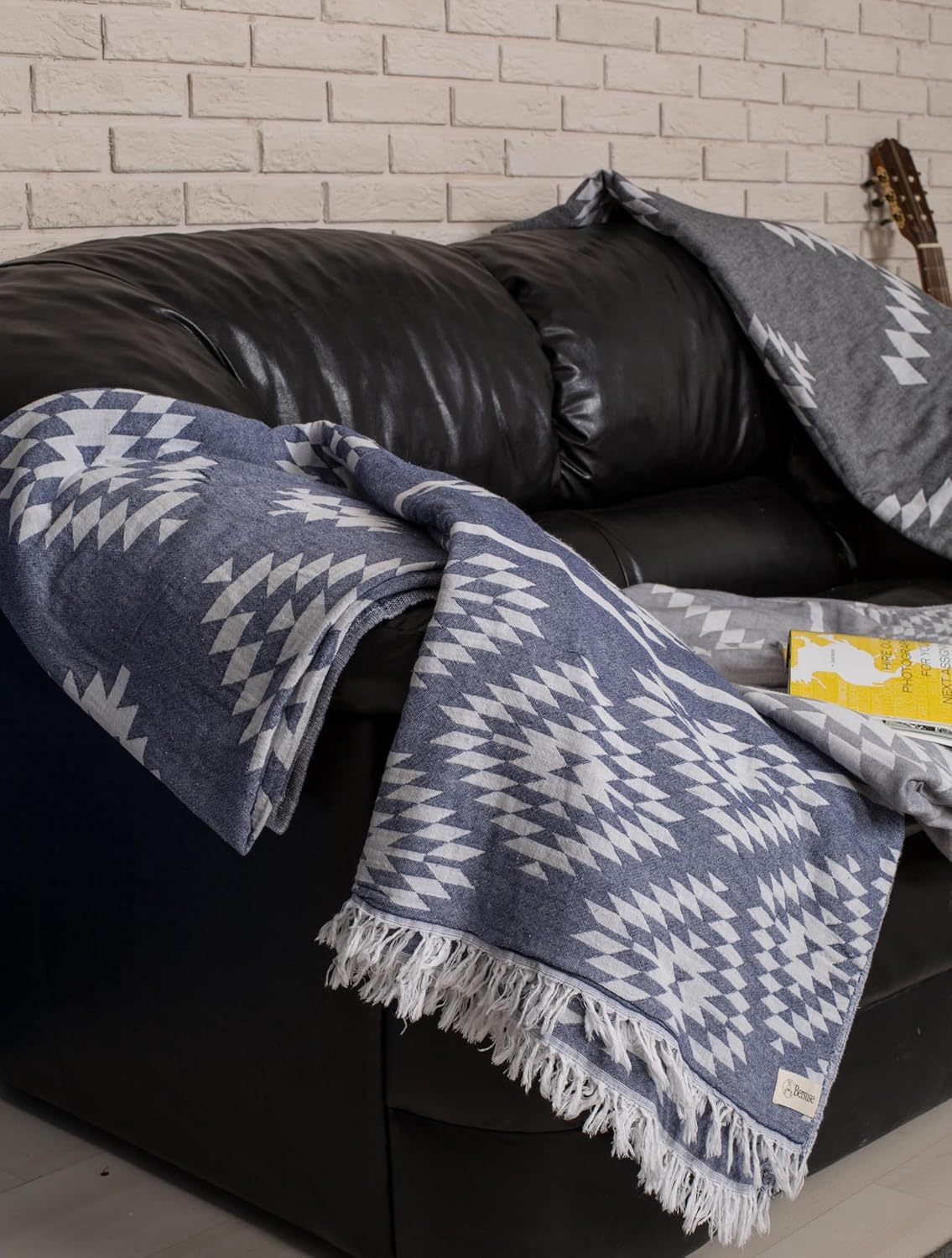 Bersuse 100% Cotton Teotihuacan XL Throw Blanket Turkish Towel Beach Blanket - Beach Camping Essentials - 75x90 Inches, Dark Blue