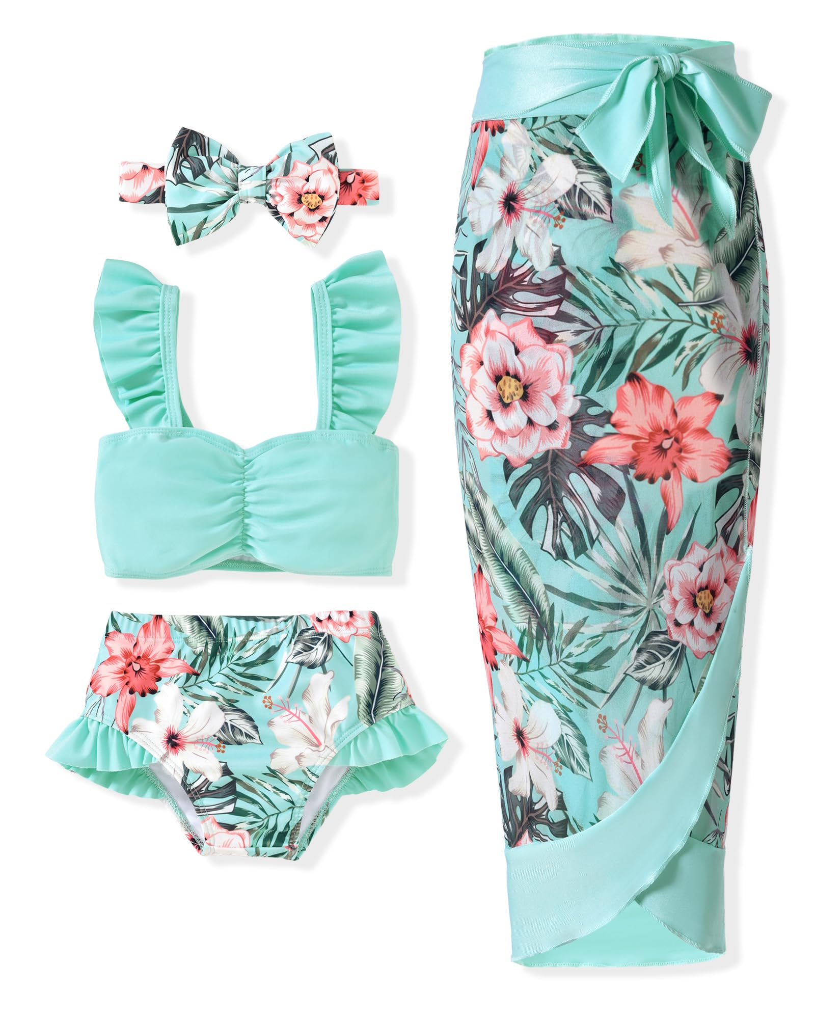 Infant Toddler Baby Girl Two Piece Swimsuit with Cover Up Skirt Ruffle Bathing Suit Bikini Headband Set