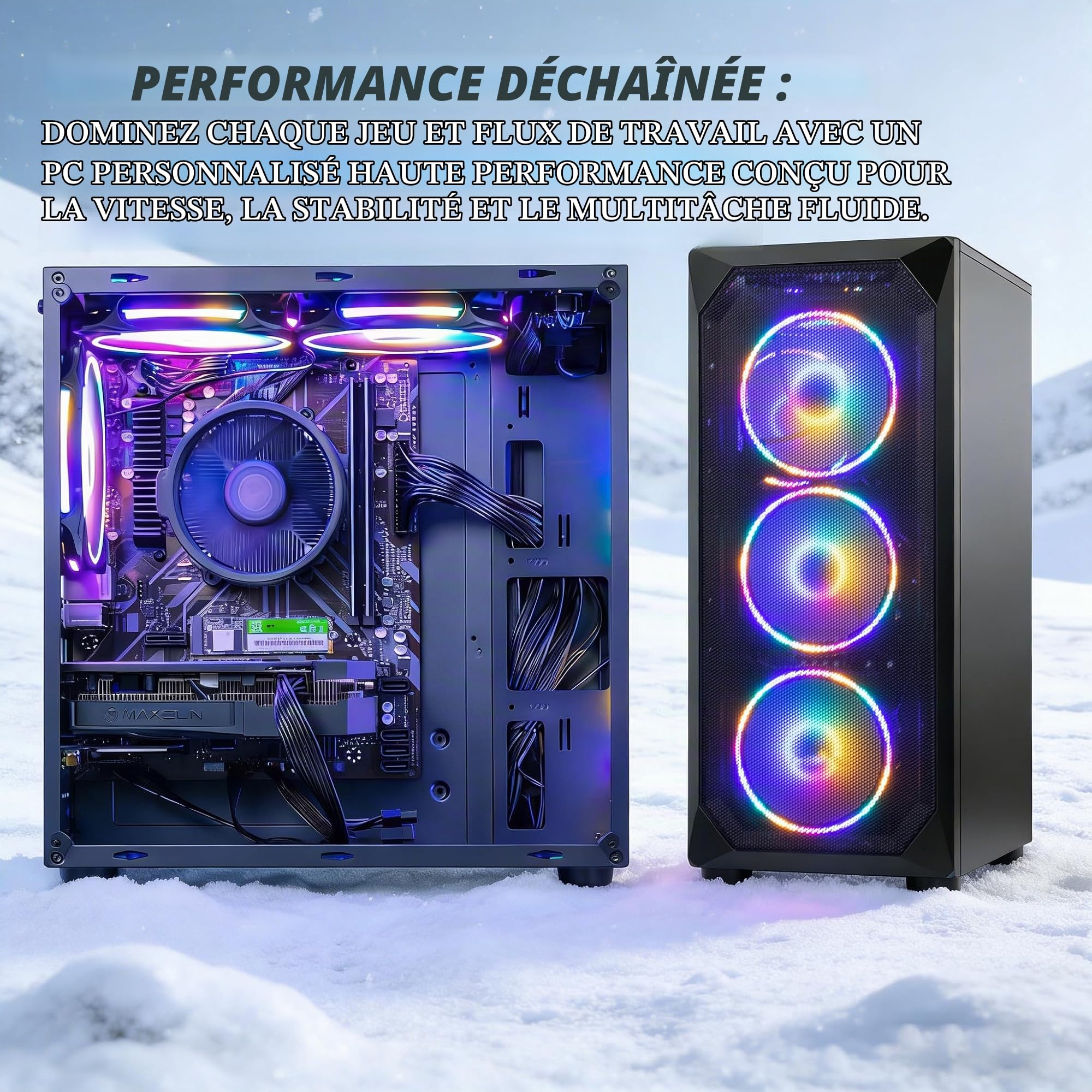 Gaming PC Ryzen 5 4500, GeForce RTX 3060, B450, 8GB 3200MHz DDR4 RAM, 500GB NVMe SSD, P550W, 5 RGB Fans, WiFi, Puissant PC de Jeu et de création