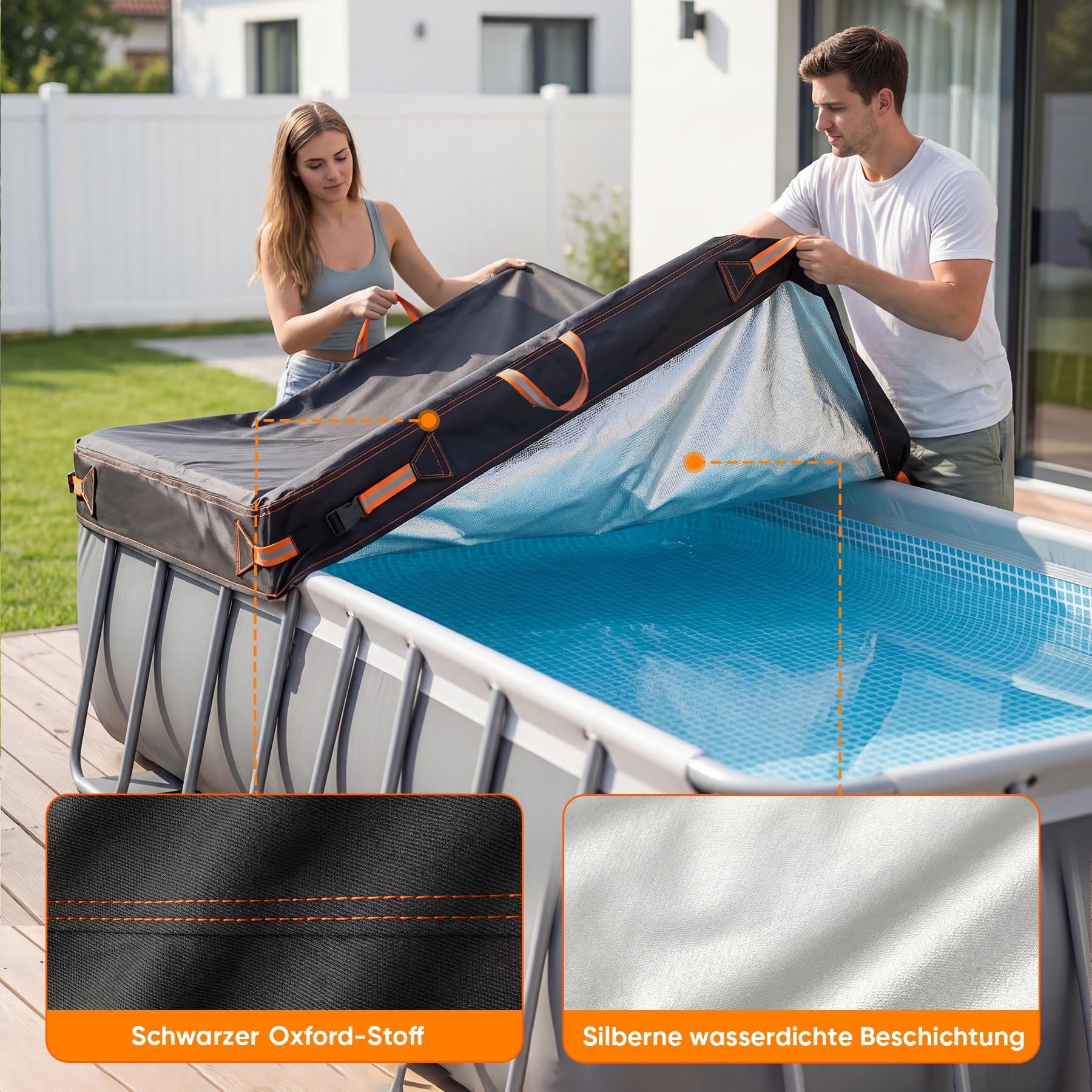 Telo di copertura per piscina rettangolare, estivo, in tessuto Oxford di alta qualità, per piscina fuori terra rettangolare, con fibbie e coulisse, 366 x 732 cm