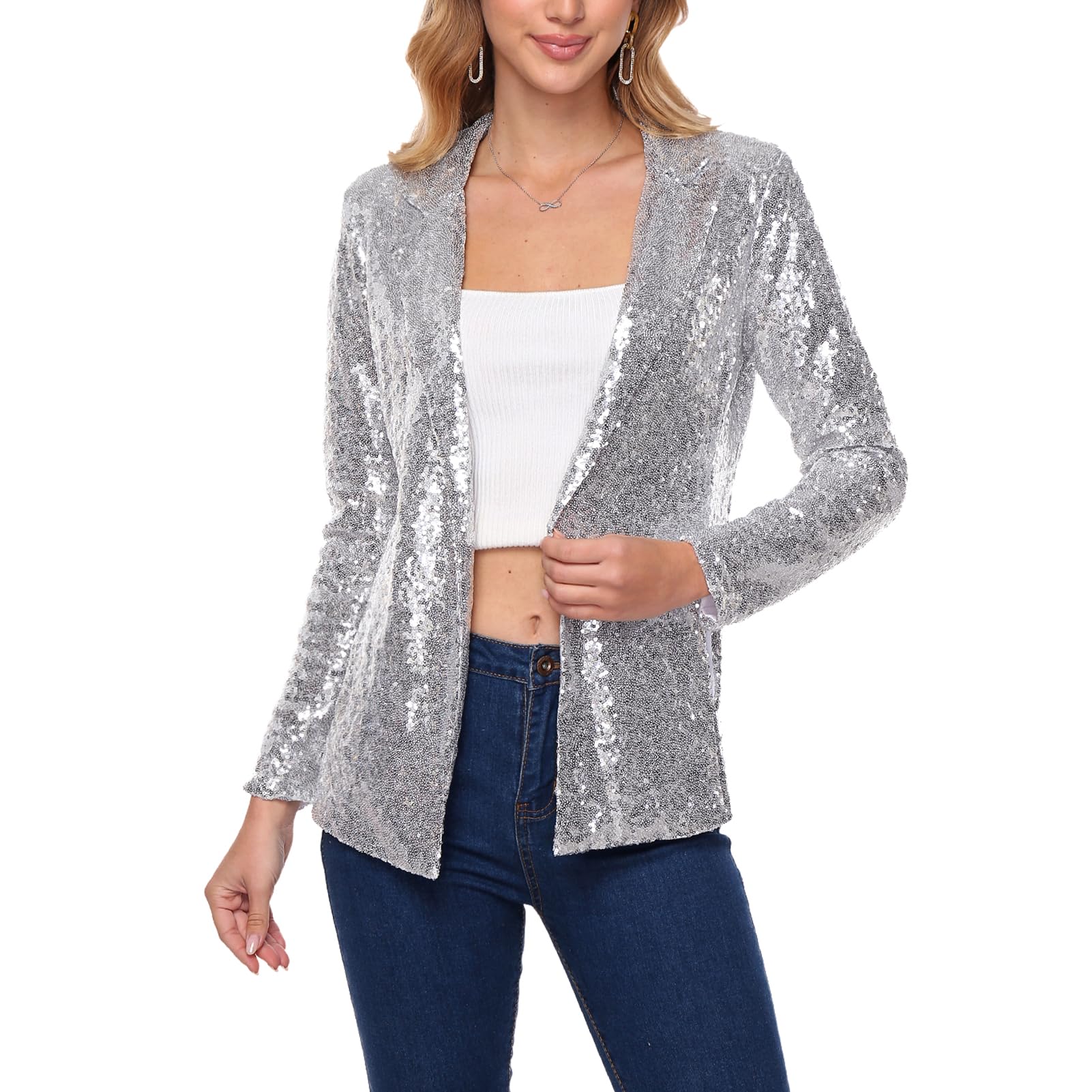 Blazer à paillettes pour femme - Manches longues - Ouvert - Pour fête - Cardigan - Vêtement d'extérieur - Décontracté