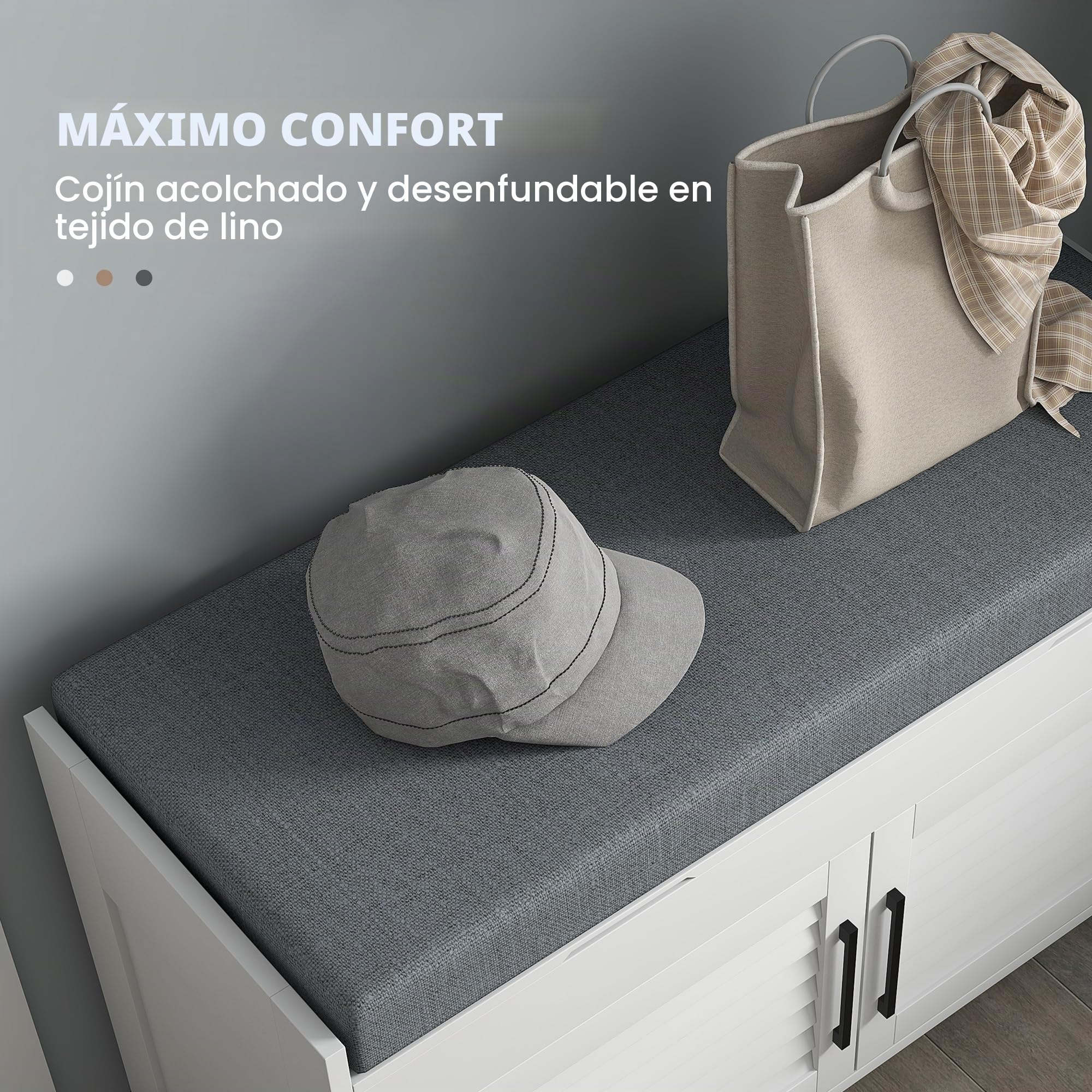HOMCOM Banco zapatero cojín estantes ajust. puertas persiana 35.4" Blanco | Banco de entrada con almacenamiento, compartimentos ocultos, zapatero, soporta hasta 160 kg