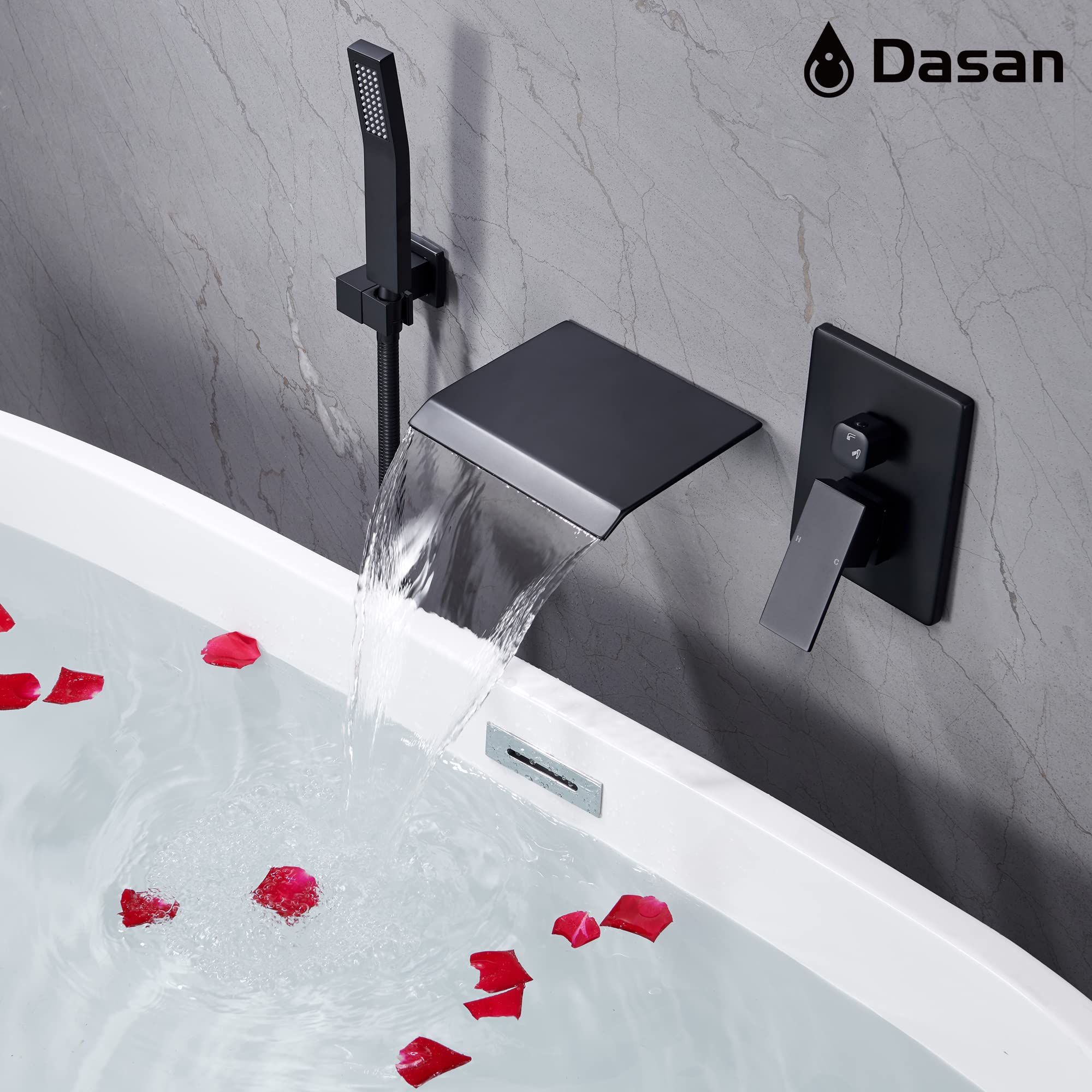 DASAN Wall Mount Tub Filler Faucet With Handheld Shower – Modern Matte Black Waterfall Tub Faucet, High Flow Rough-In Valve, 3 Mounting Styles