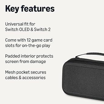 Amazon Basics Universal Nintendo Switch Case with 12 Game Card Slots, Fits Switch OLED and Switch 2, Black, 1-Pack