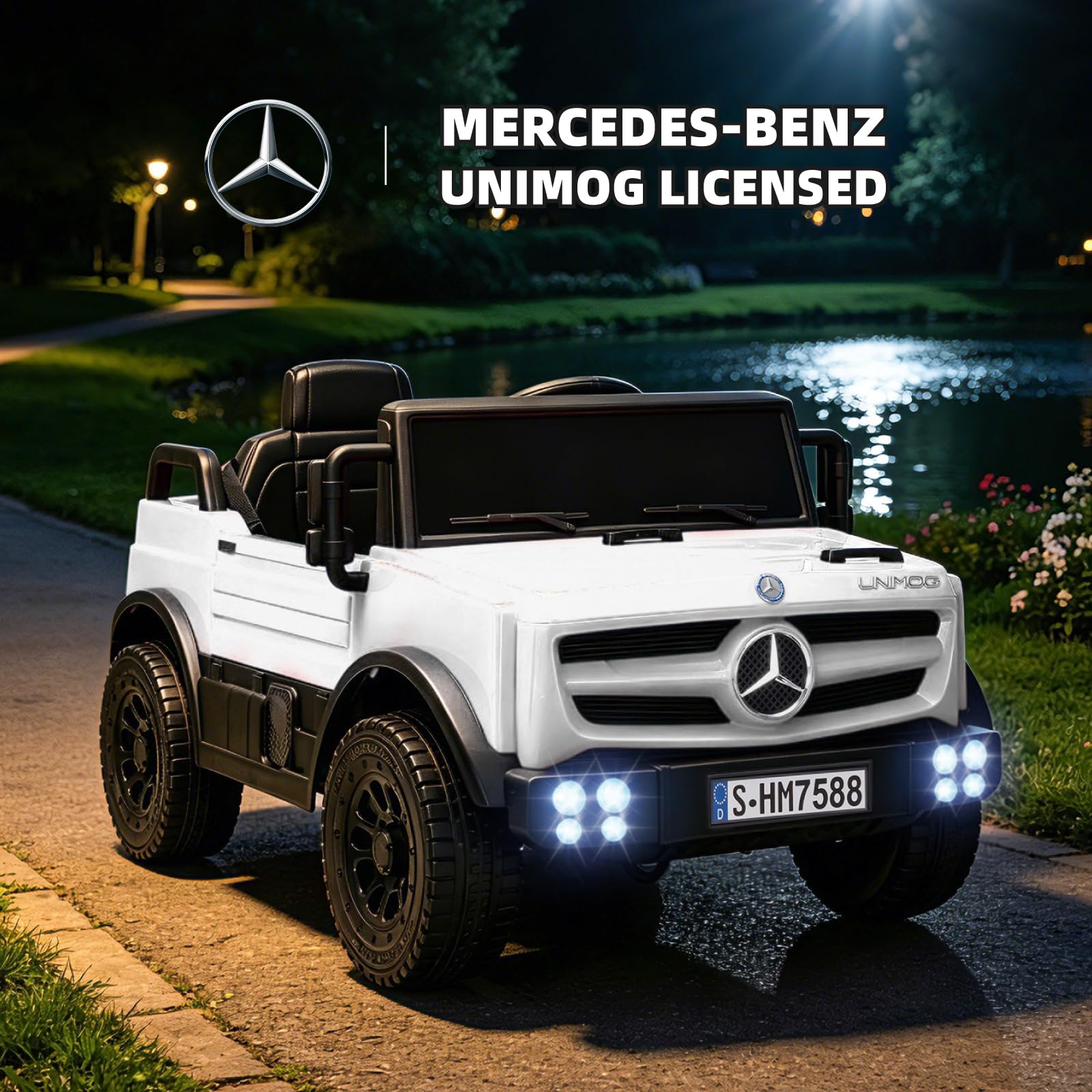 TCARAIWEN Macchina Elettrica per Bambini Mercedes-Benz Unimog Licenza, 12V Auto Elettrica Bambini 3-6 Anni, Veicolo con Telecomando, Cintura a 3 Punti, Bluetooth, 5 km/h (Bianco)