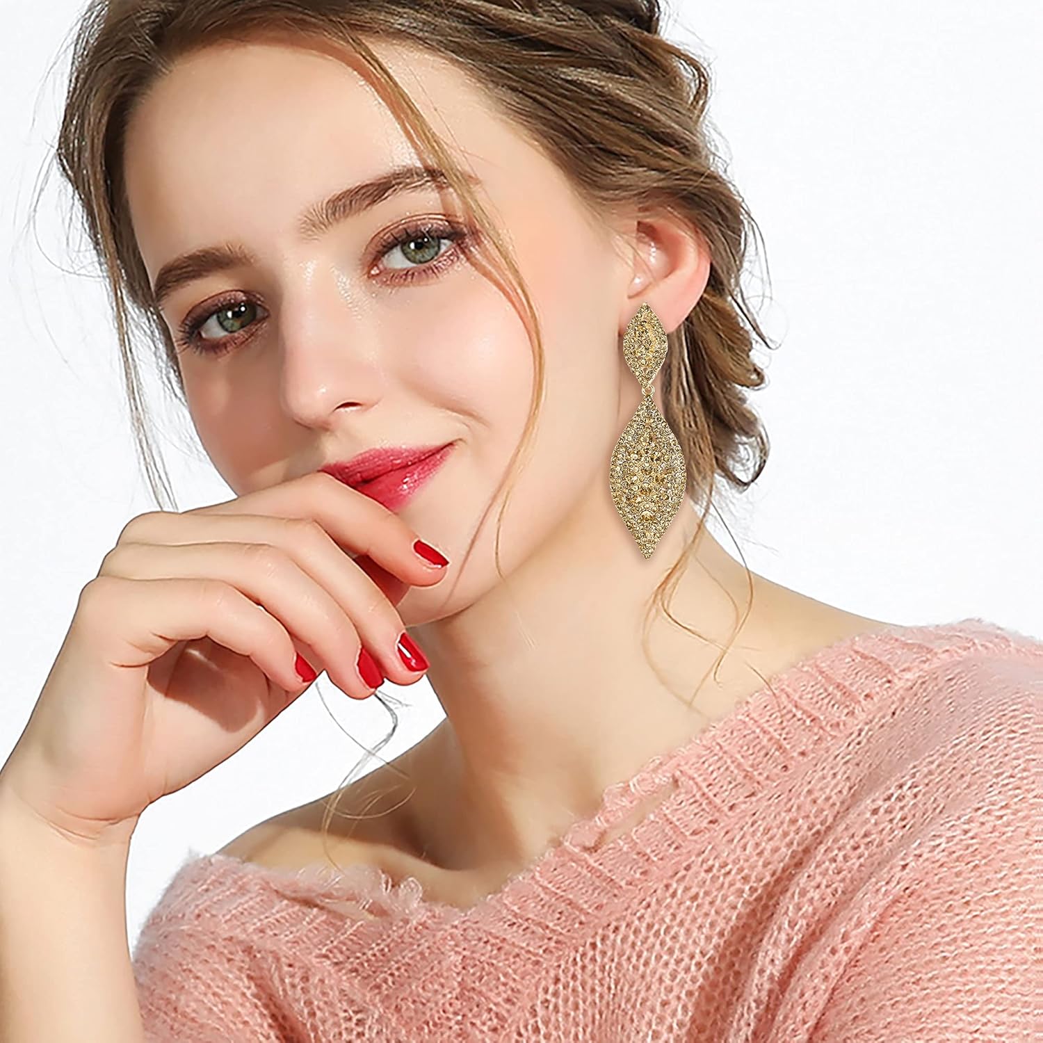 Flyonce Women's Rhinestone Crystal Wedding Bridal 2 Leaf Drop Dangle Chandelier Earrings - Image 4