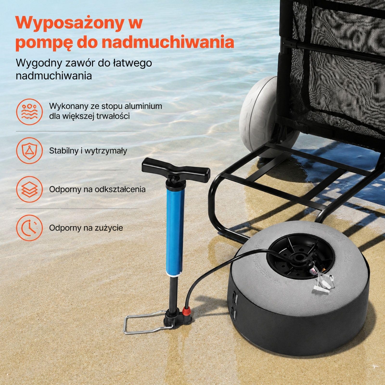 Składany stalowy wózek plażowy z dużymi kołami do piasku, siatkową torbą i akcesoriami do transportu na plaży