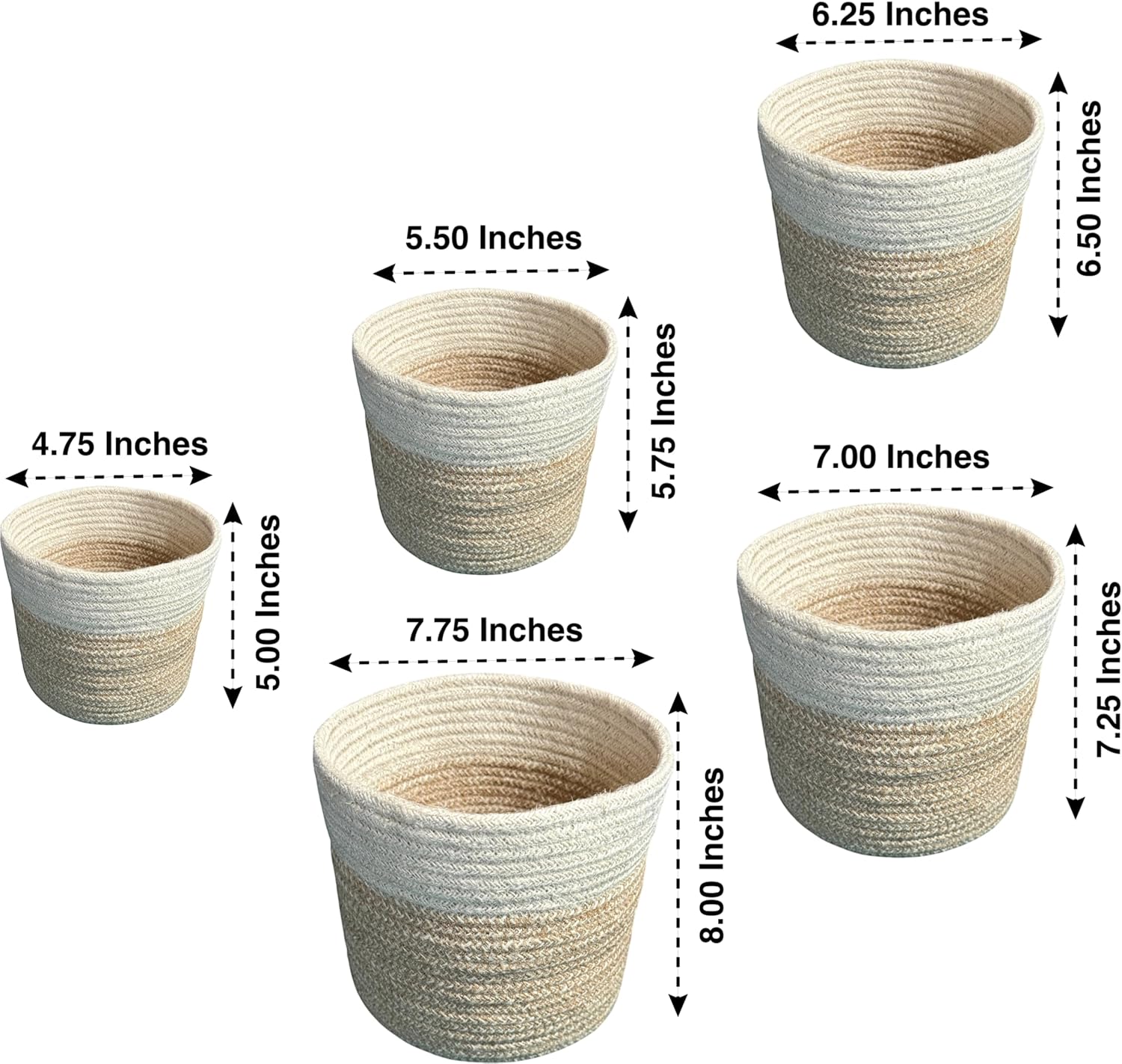 planter basket set – 5-piece handwoven jute planter basket for home decor, nursery, or indoor plants (5'' to 8'' diameter, 4.75'' to 7.75'' height) – fold & wrinkle free - speckled gray with white top light brown with white top