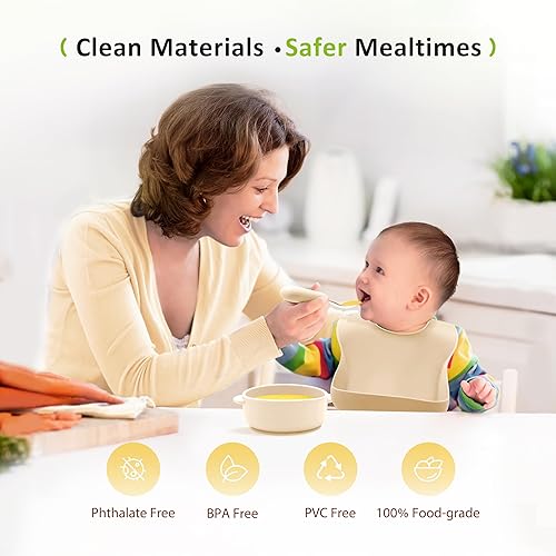 Miniatura 10 de Juego de alimentación de silicona para bebés, suministros de destete para bebés, utensilios esenciales para comer con placa de succión y cuenco,