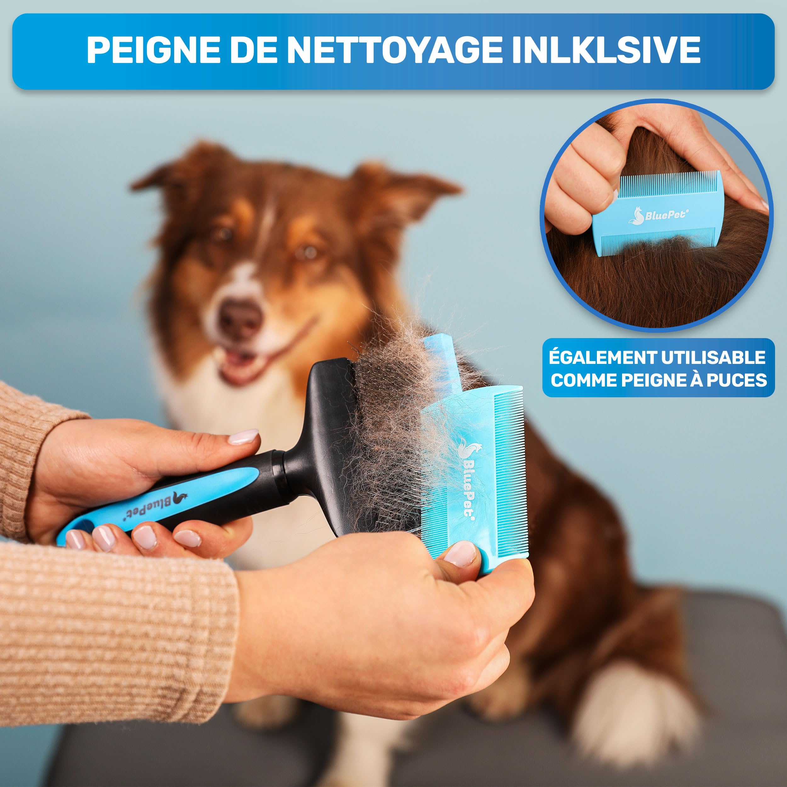 BluePet ZupfZeug Pro - Brosse professionnelle à poils longs et flexibles pour chiens et chats - Élimine doucement le sous-poil - Les nœuds et les nœuds (double tête, bleue)