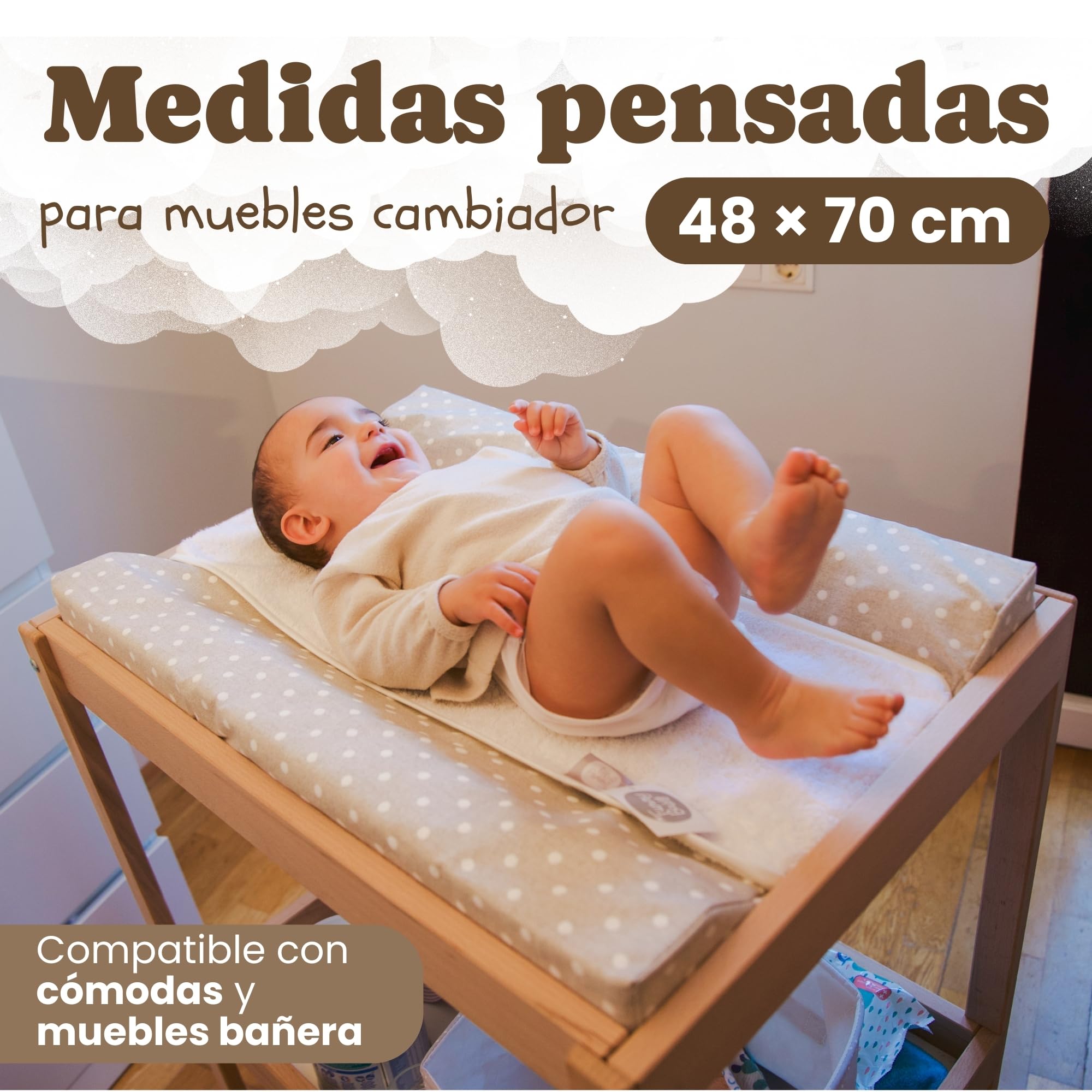 Funny Baby | Colchoneta Cambiador Bebé Impermeable 48x70 cm – Espuma Acolchada con Bordes Elevados, Funda Lavable y Toalla de Rizo – Cambiador para Cómoda Diseño Topos