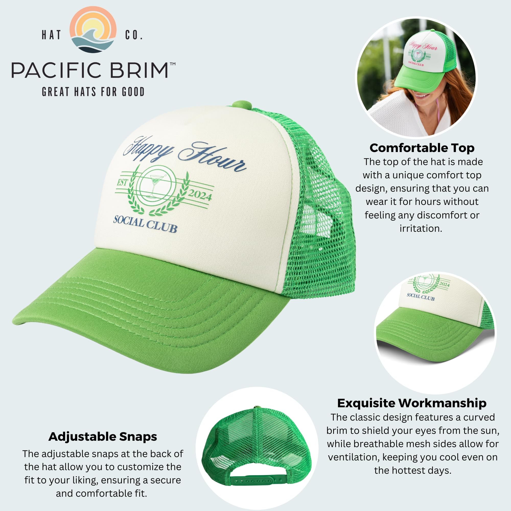 PACIFIC BRIM Women's and Men's Adjustable Cap Mesh Side Panels Trucker Hat - Happy Hour Social Club