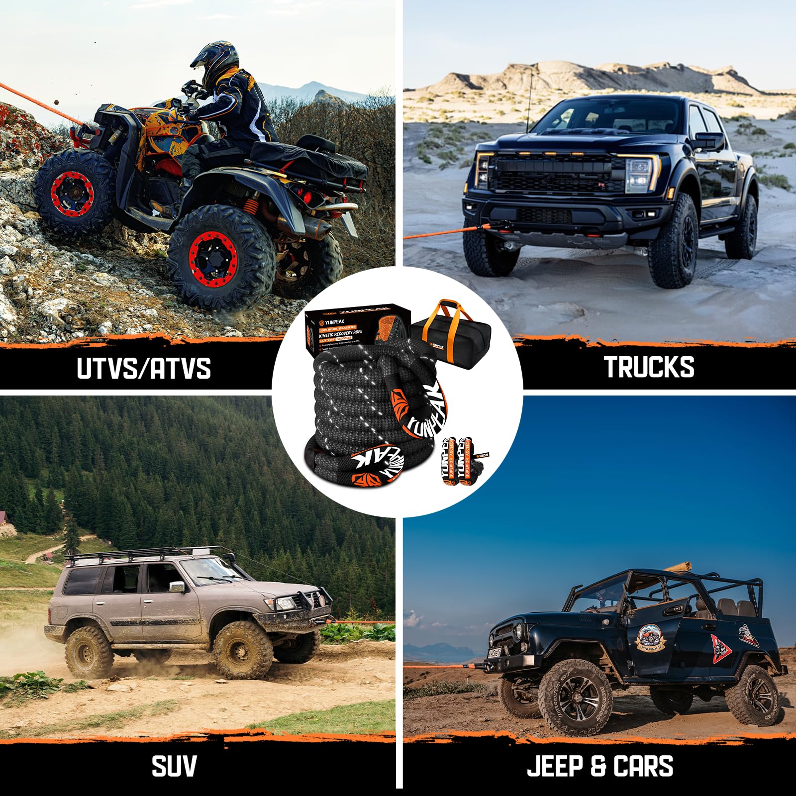 Kinetisches Abschleppseil (25,4 kg), Robustes Offroad-Wiederherstellungsseil mit 2 weichen UHMWPE-Schäkeln (25,4 kg), Abschleppseil-Set für LKW, SUV, UTV, ATV, Traktor, Auto, Jeep, Schwarz,
