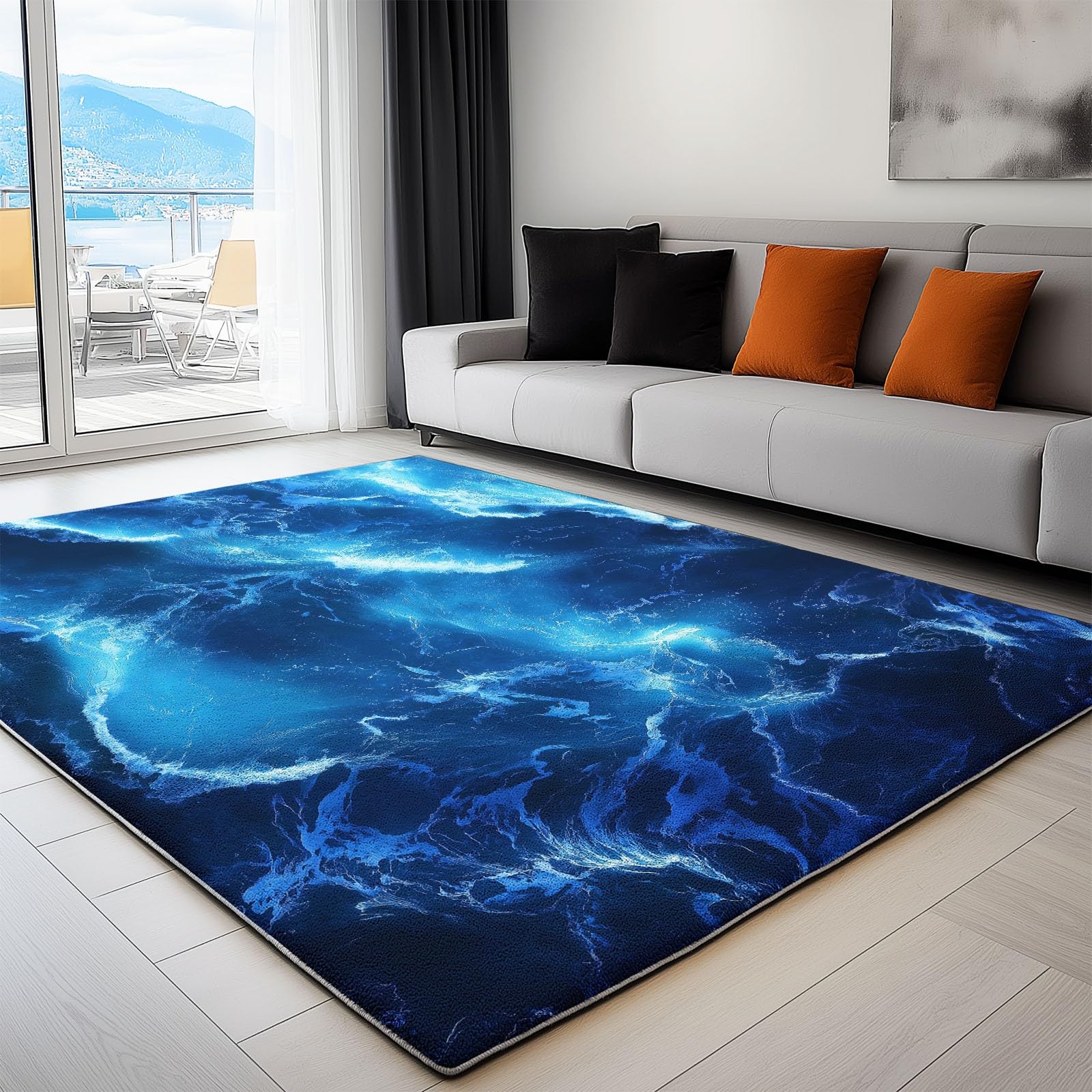 Générique Tapis de Salon Lavable en Machine 140 x 200 cm Doux à Poils Courts Moelleux Texture Vague Océanique Tapis antidérapant, Abstrait Côtier pour Le l'entrée, la Chambre et la Cuisine