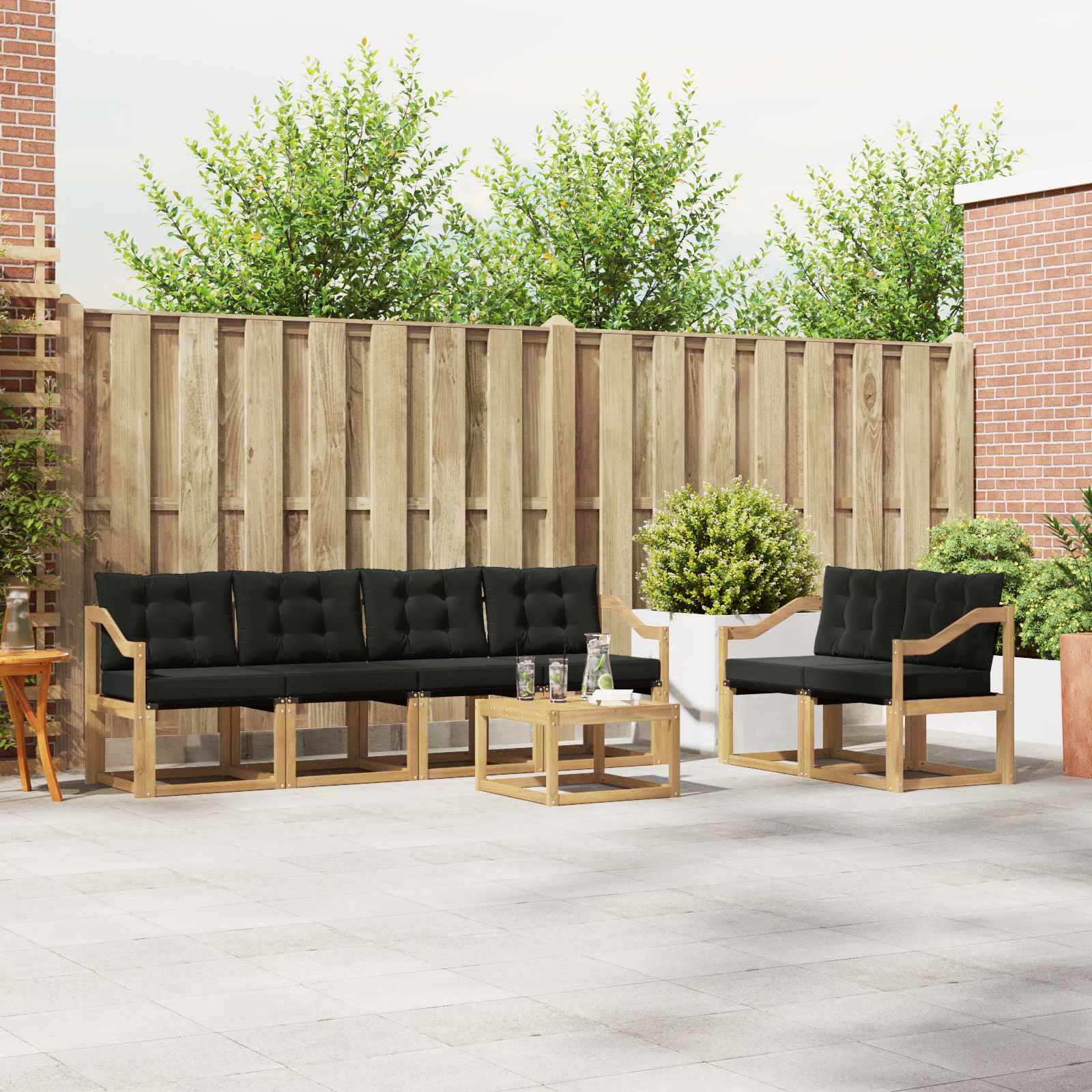 Gartenmöbel-Set mit Kissen 7-teilig aus massivem Akazienholz wetterfestes Design für Terrasse, Balkon und Garten, inklusive Sitzgruppe, Tisch, Stühle, Sofas und Aufbewahrung