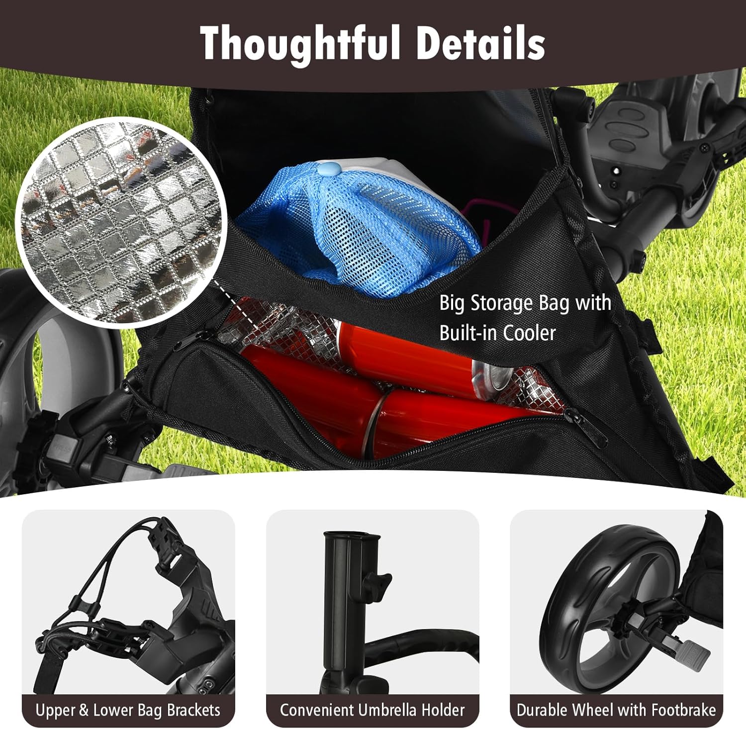 ULTIMATE 3 Wheel Golf Push Cart, Aluminum Folding Golf Walking Push Cart w/Elastic Strap, Umbrella & Cup Holder, Scoreboard Storage, Insulated Storage Bag, Adjustable Handle & Foot Brake