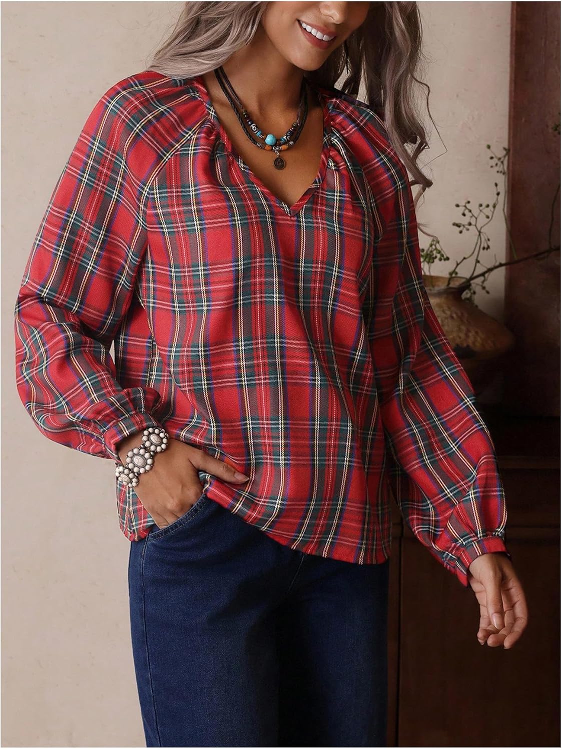 GORGLITTER Women's Plaid Shirt Long Sleeve V Neck Vintage Fall Blouses Bishop Going Out Tops - Image 2