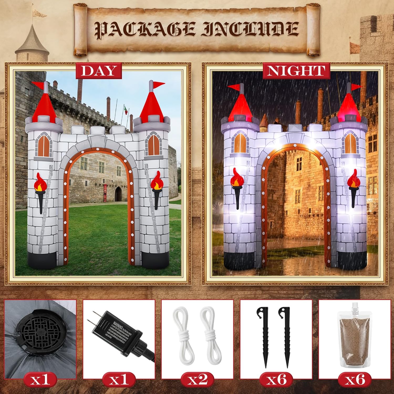 Sotiff 10ft Medieval Inflatables Arch Decoration Blow-up Medieval Castle Outdoor Decor with Built-in LED Light Blower for Indoor Outdoor Yard Party Holiday Birthday Supplies