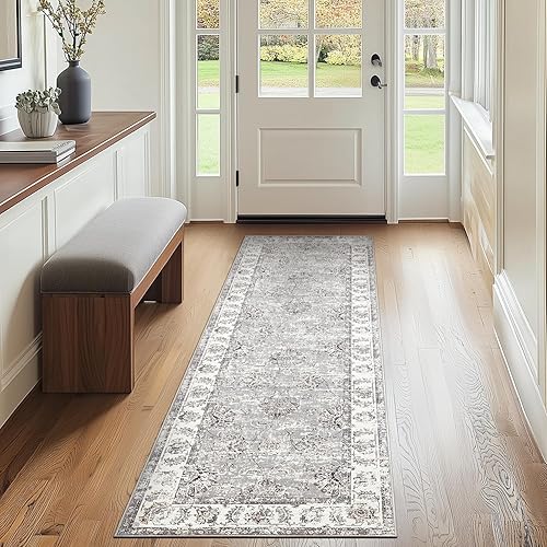 Jinchan Fiora - Alfombra de pasillo de 2 x 6, alfombra lavable a máquina, alfombra gris vintage con estampado floral, alfombra antideslizante de