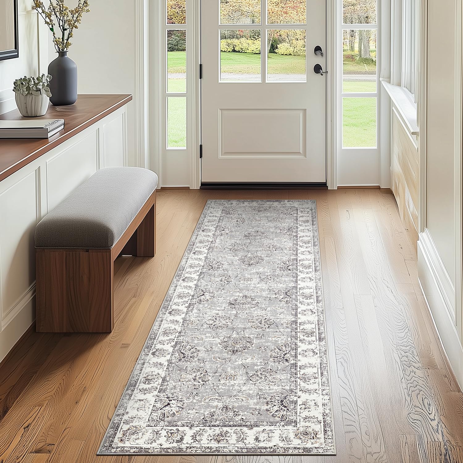 jinchan Fiora Runner Rug 2x6 Machine Washable Hallway Rug Grey Vintage Floral Print Non-Slip Low Pile Ultra-Thin for Kitchen, Entryway, Laundry Room,