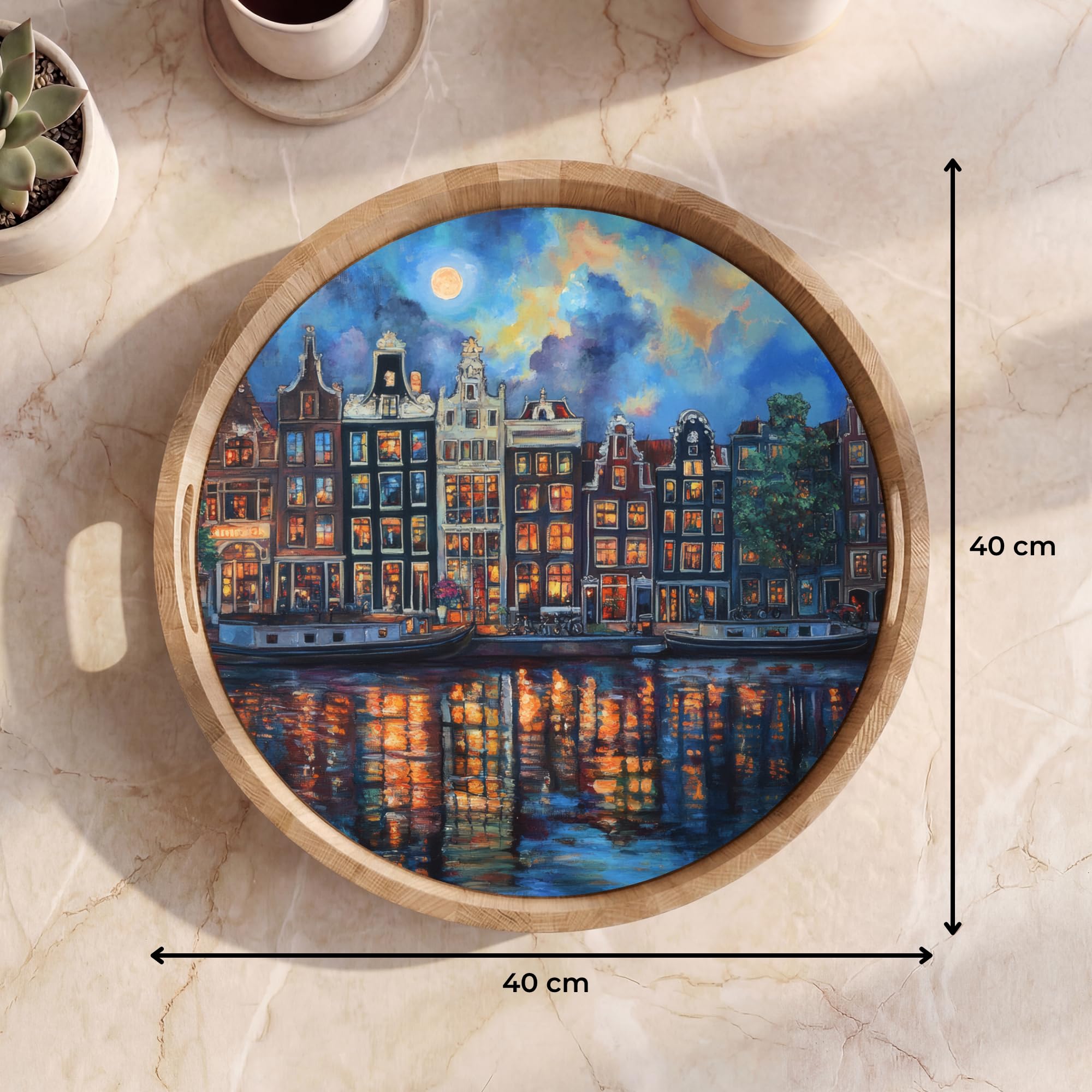 Bandejas De Madera Redonda 40x40 cm Bandeja para Servir Roble Decorativa Resistente A Los Arañazos Tabuleiro Diseño Desayuno Canals Amsterdam - Casas - Ciudad - Colorido