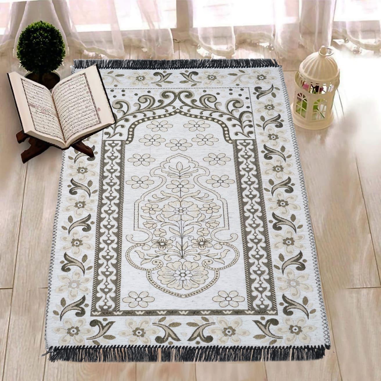 Furnishing Hut Velvet Floral Janamaz Mat | Prayer Mat/Meditation Janamaz for Namaz/Meditation Mat/Muslim| Size 27x50| Washable Soft Prayer Mat (White)