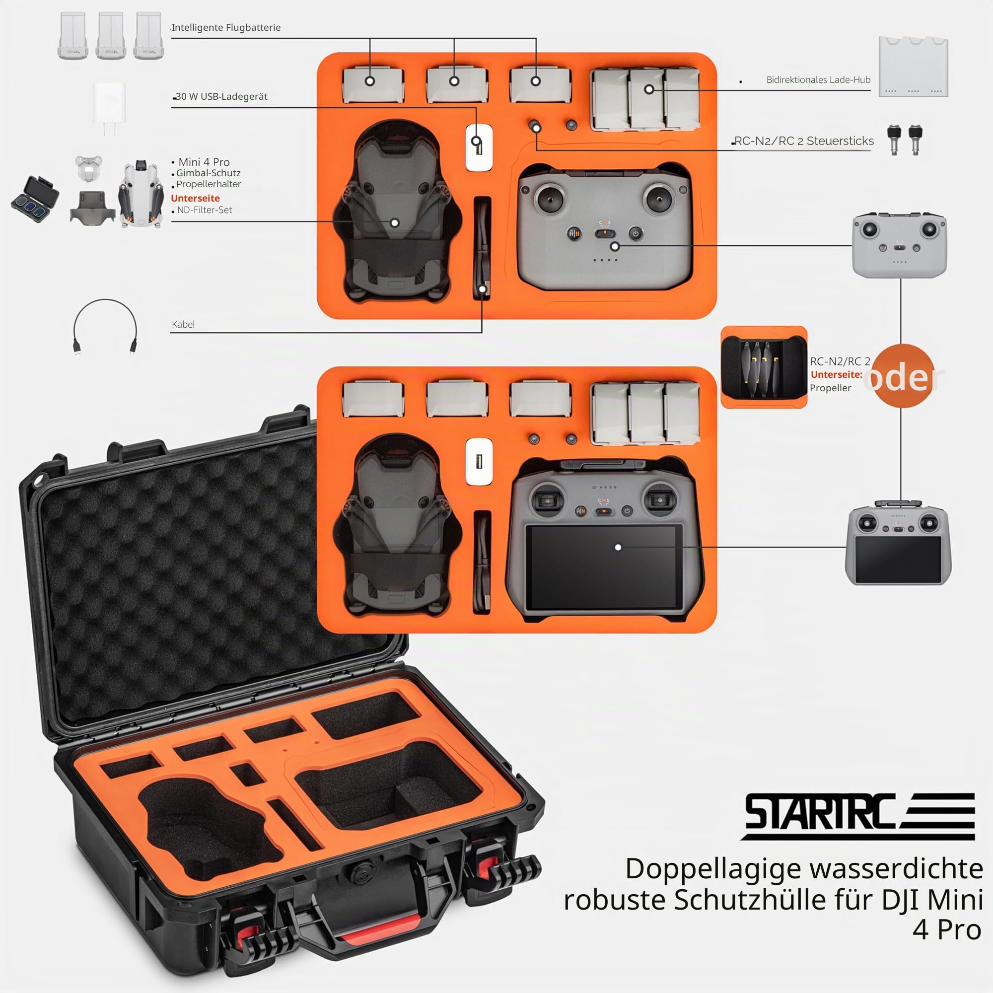 STARTRC Mini 4 Pro Waterproof Hard Case - Sichere Tragetasche für DJI Mini 4 Pro/Mini3 Fly More Combo Drohnenzubehör - Robuste und wasserfeste Aufbewahrung für DJI RC 2/RC-N2