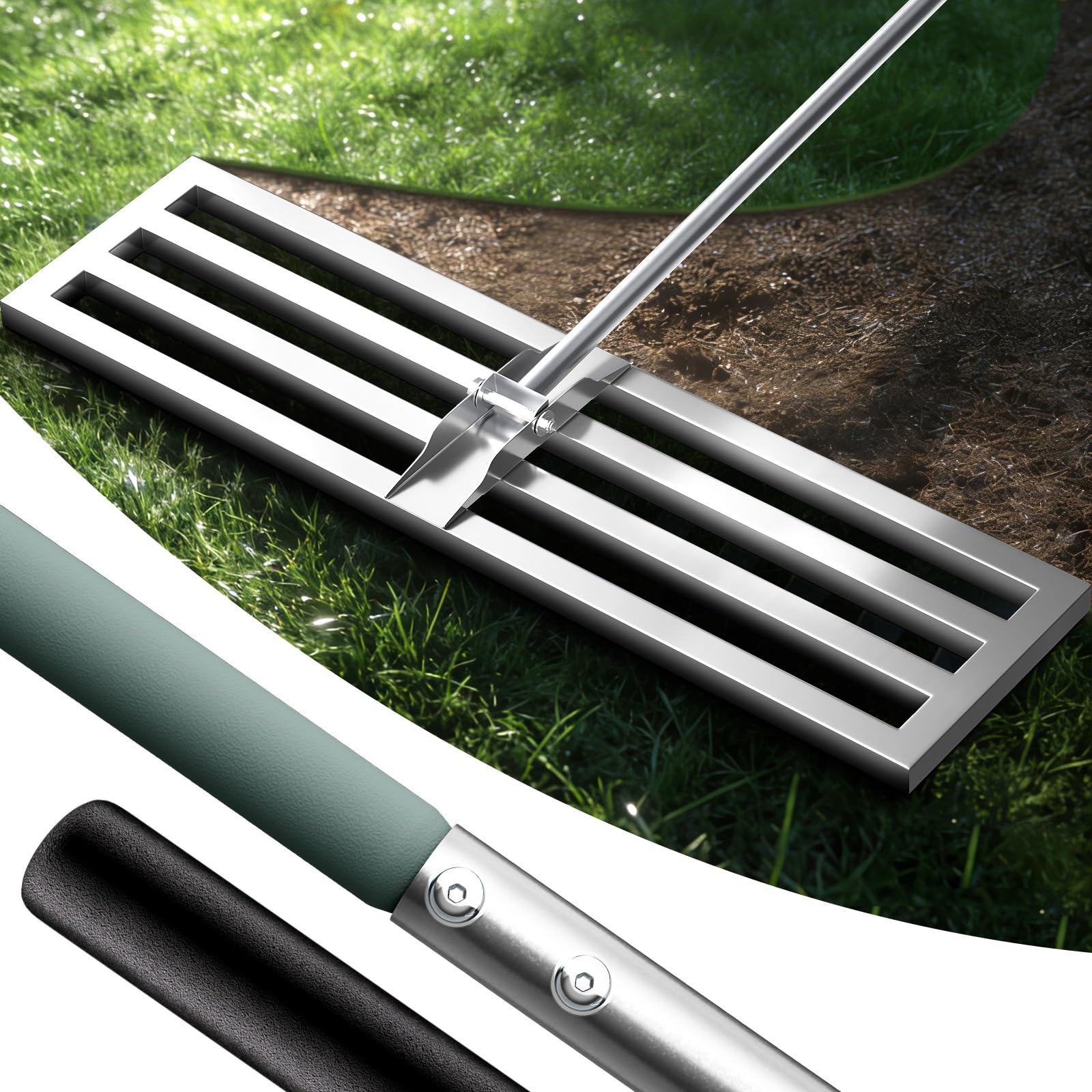 75 x 25 cm rastrillo nivelador de cesped – Base de Acero Inoxidable Completamente Cerrada, Mango Duradero, para el Mantenimiento de césped en Jardines, Campos de Golf, Granjas y Patio