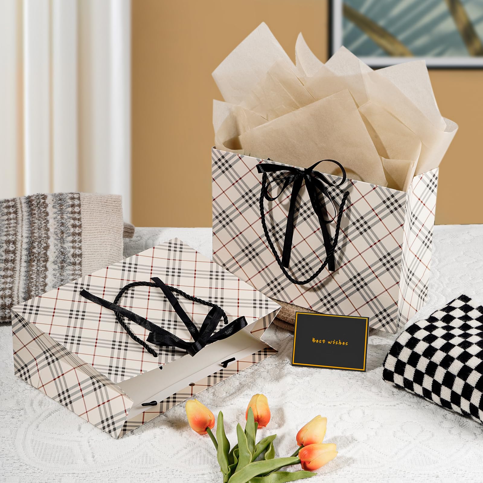 Gfractolux Torebka na prezenty dla kobiet, średniej wielkości, z bibułką, z kartkami, na urodziny, baby shower, ślub, imprezę, prezent świąteczny, 28 x 20 x 9 cm, 2 sztuki