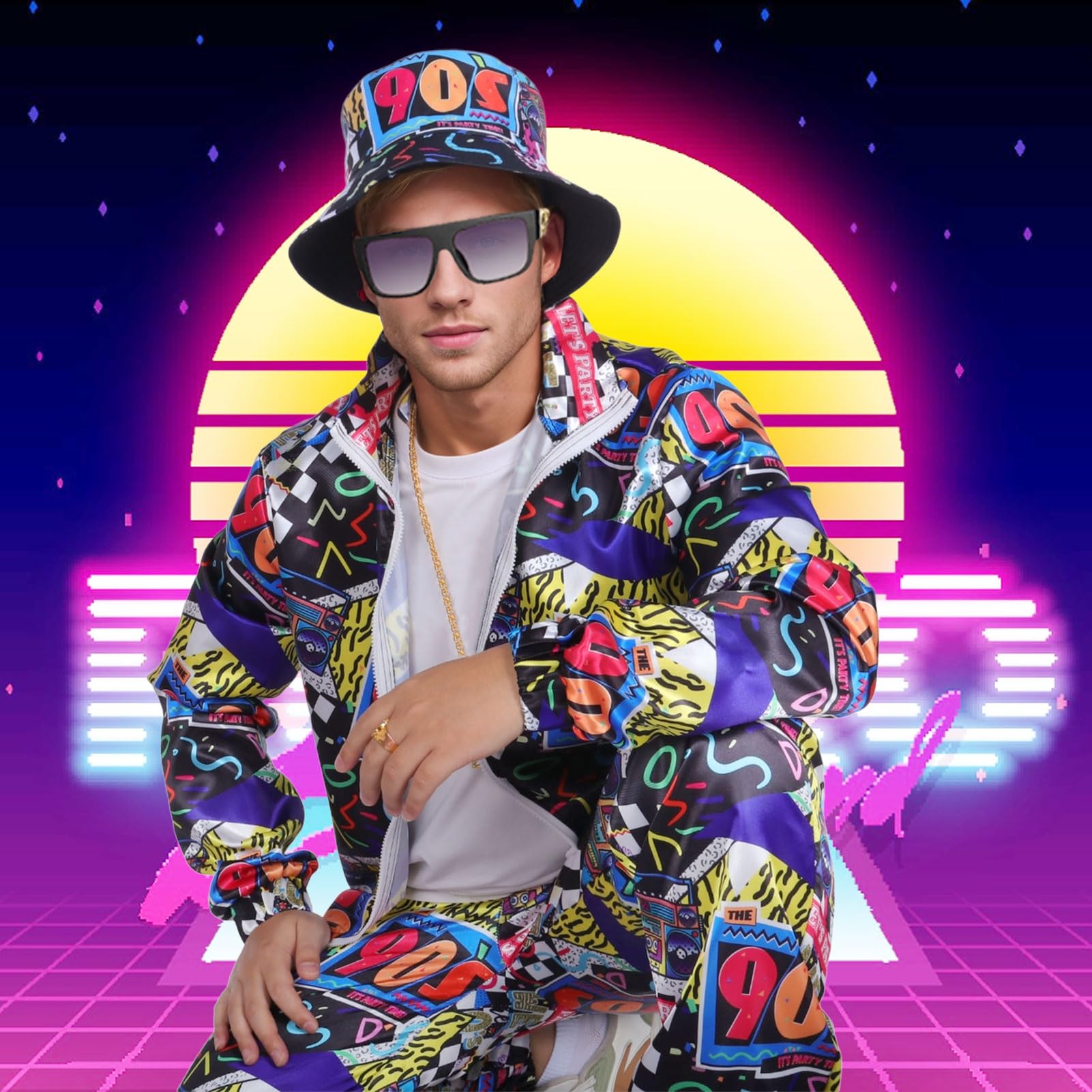 Disfraz años 80 Mujer Hombre, Disfraz de Los 80 90 Chándal Rockstar Complementos Retro Disco Gafas Accesorios Carnaval Fiestas Halloween Cosplay (Negro-años 90, M)