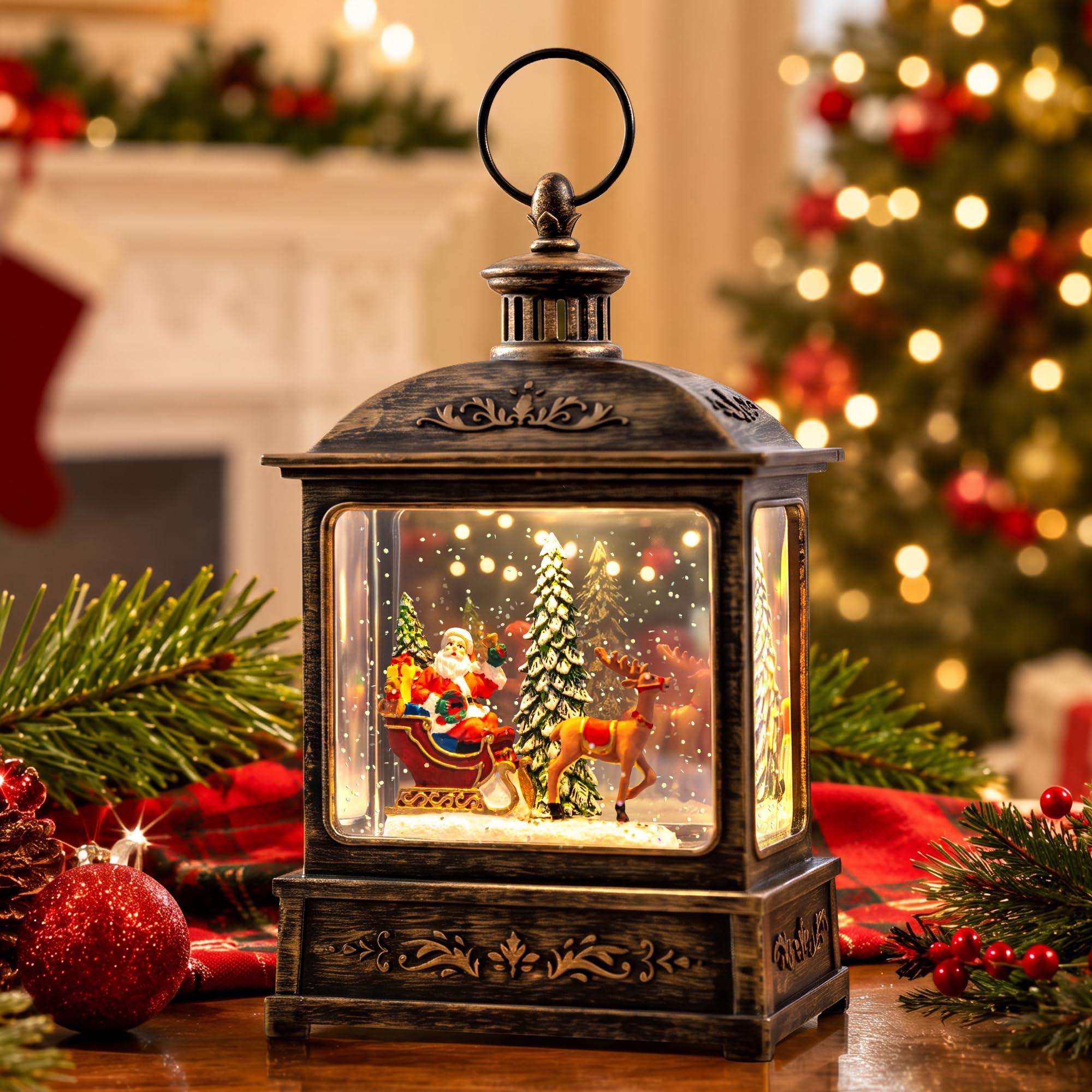 Christmas Snow Globe Lantern Water Glittering Santa Sleigh &amp; Reindeer Scene with Music, USB Lined/Battery Operated Lighted Lantern for Christmas Festival Decoration Gifts