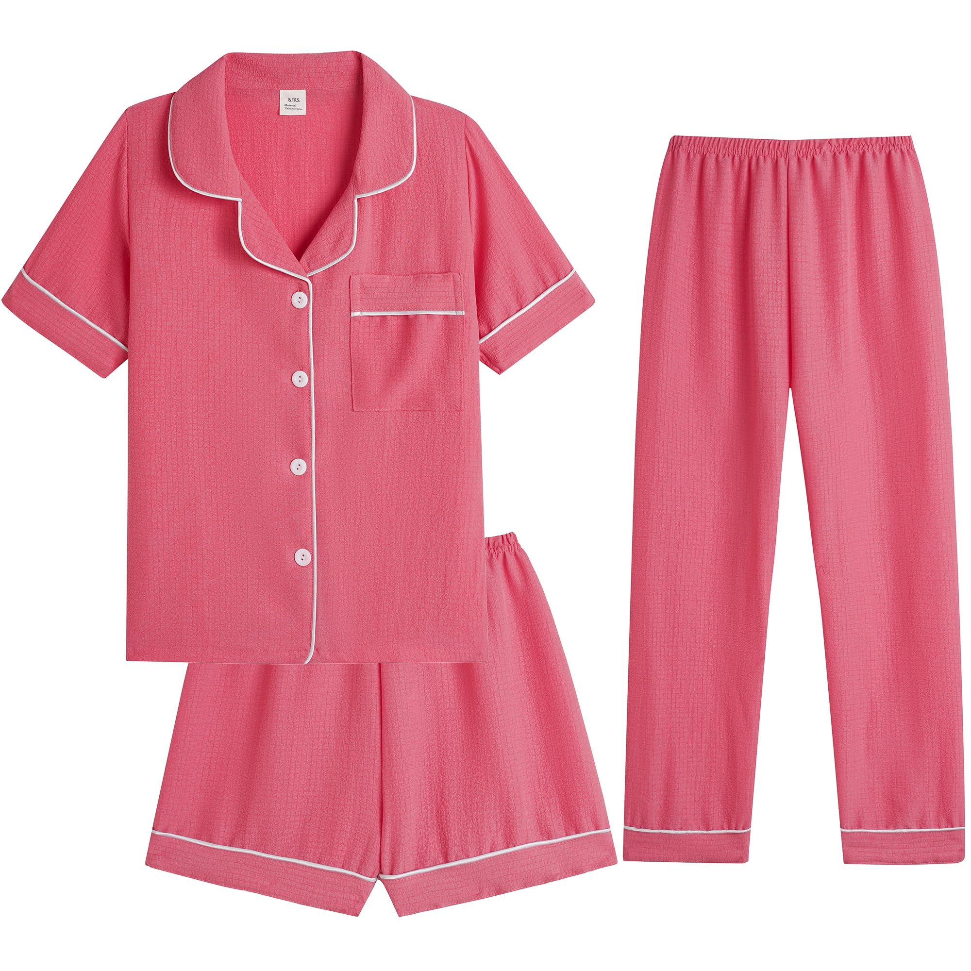Hupohoi Big Girls Button Down Pajama Set 3pcs Crepe Fabric Sleepwear Nighty