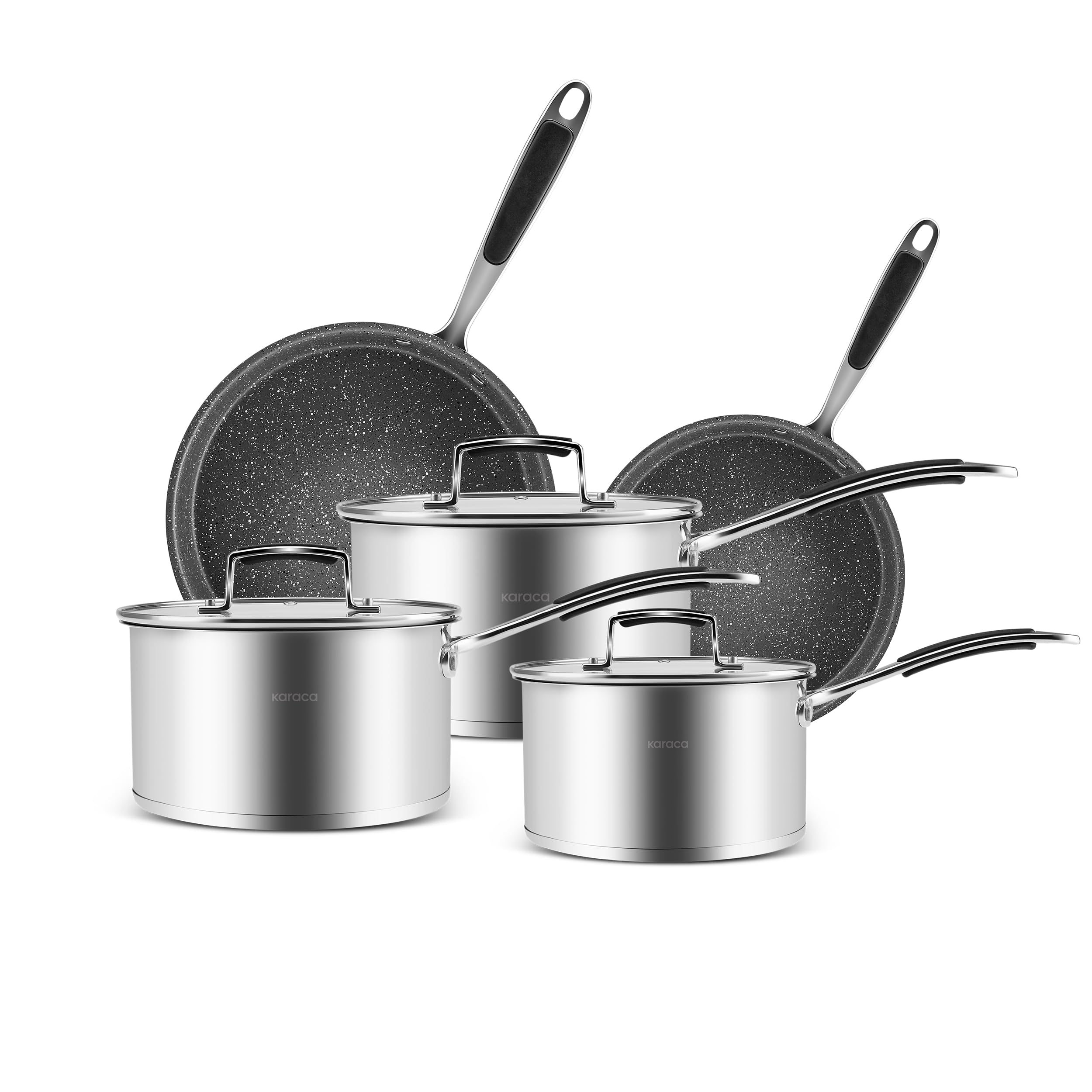 Karaca Pekka - Batería de Cocina de Acero Inoxidable de 8 Piezas - Apta para Inducción - Color Antracita y Plata - Incluye Ollas con Tapas de Cristal y Sartenes