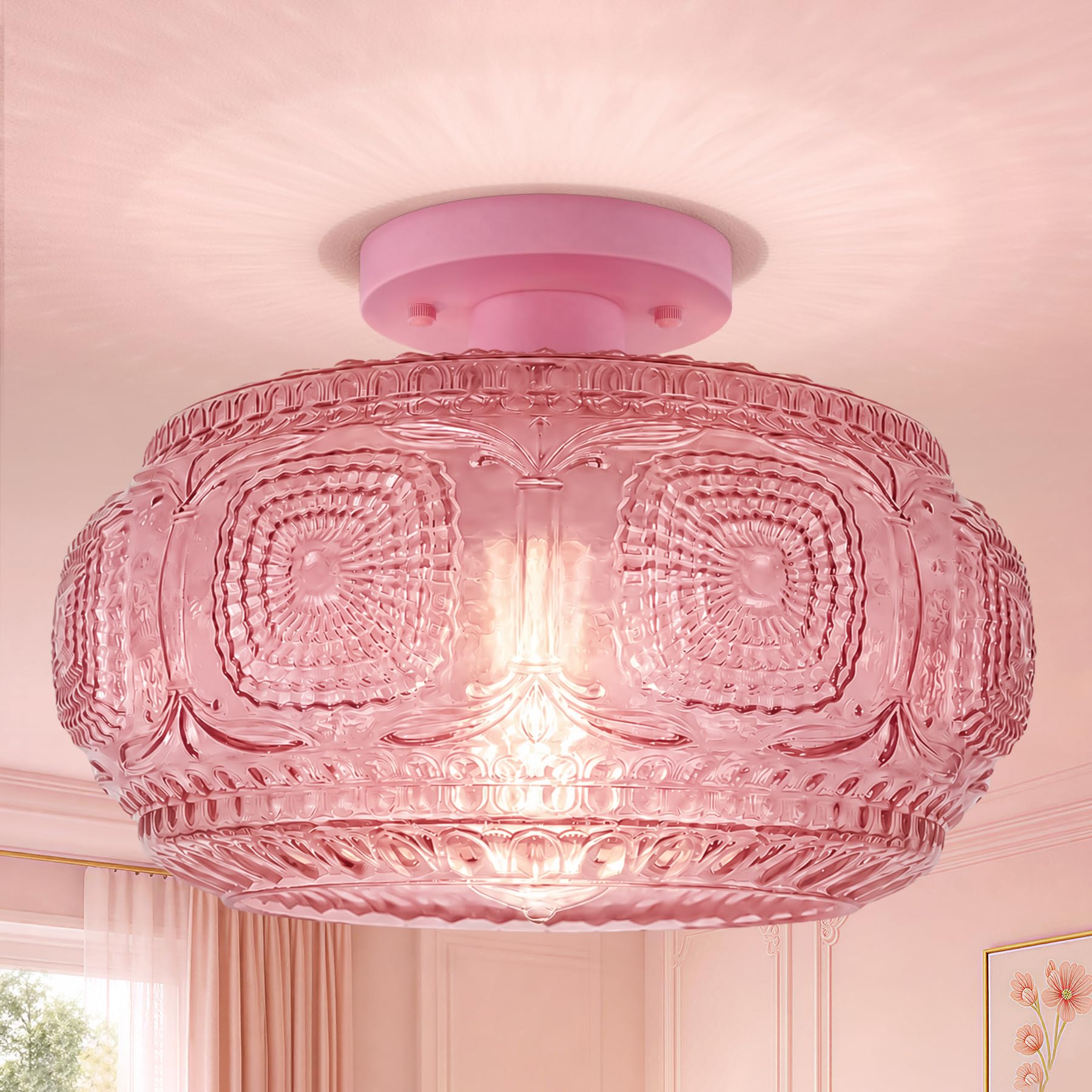 Large Globe Glass Semi Flush Mount Ceiling Light Fixture, Pink
