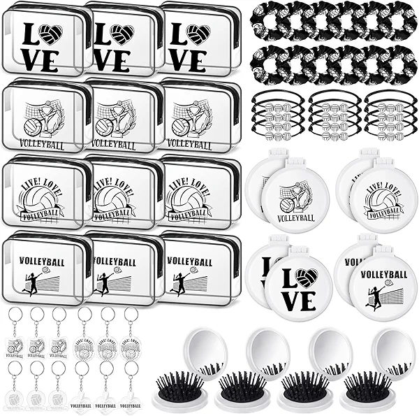 Meanplan 60 Pcs Volleyball Party Favors Volleyball Team Gifts for Teen Girls Women Players with 12 Set Bracelet Keychain Makeup Bag Brush with Mirror Hair Scrunchies for Sport Party Supplies(Classic)