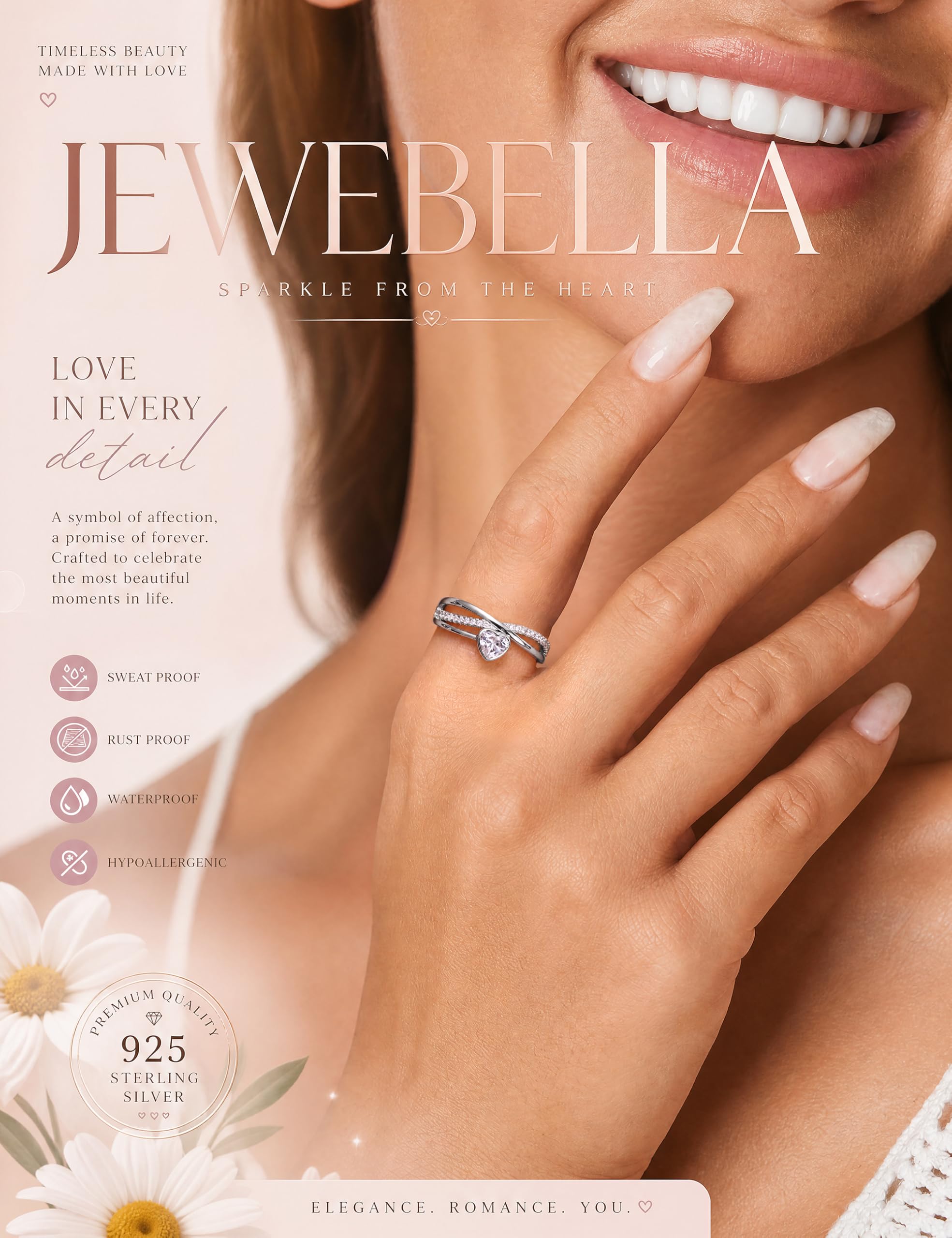 JeweBella Anillos Mujer Plata de Ley 925 Ajustable Corazón Estrella Circonita Cúbica Compromiso Boda Promesa Aniversario Regalo Plata Oro Rosa
