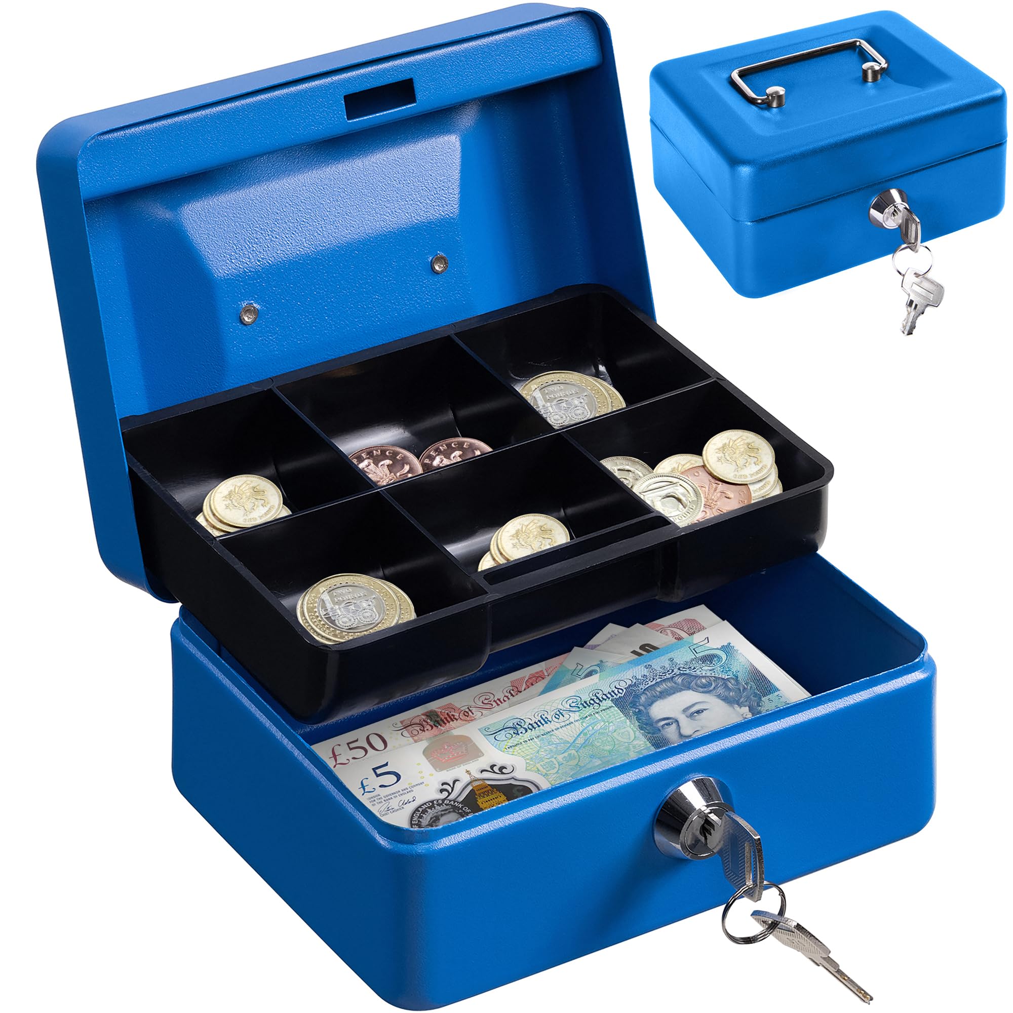 H&S Lockable Cash Box with Key - Black Cash Box in Small with 2 Keys - for Notes with Coin Compartment for Money Storage - Money Box Cash Box with Lock - Blue-image-34