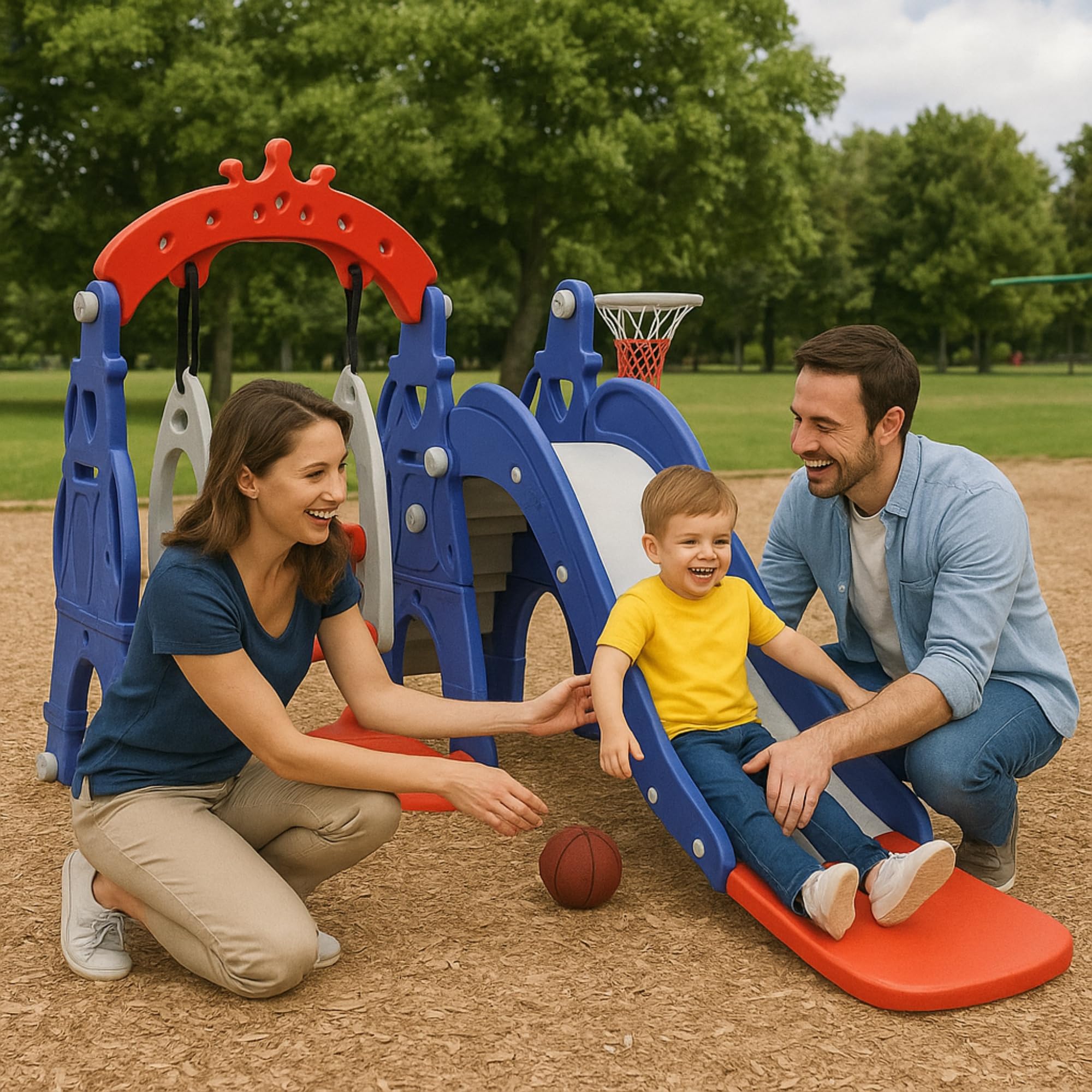 Amazon Brand - Solimo 3-in-1 Garden Castle Slide & Swing for Indoor & Outdoor Use | for Kids 2-8 Years Old | Safe & Fun | Ideal for Boys & Girls | Toy for Kids | Easy Assembly, Multicolor