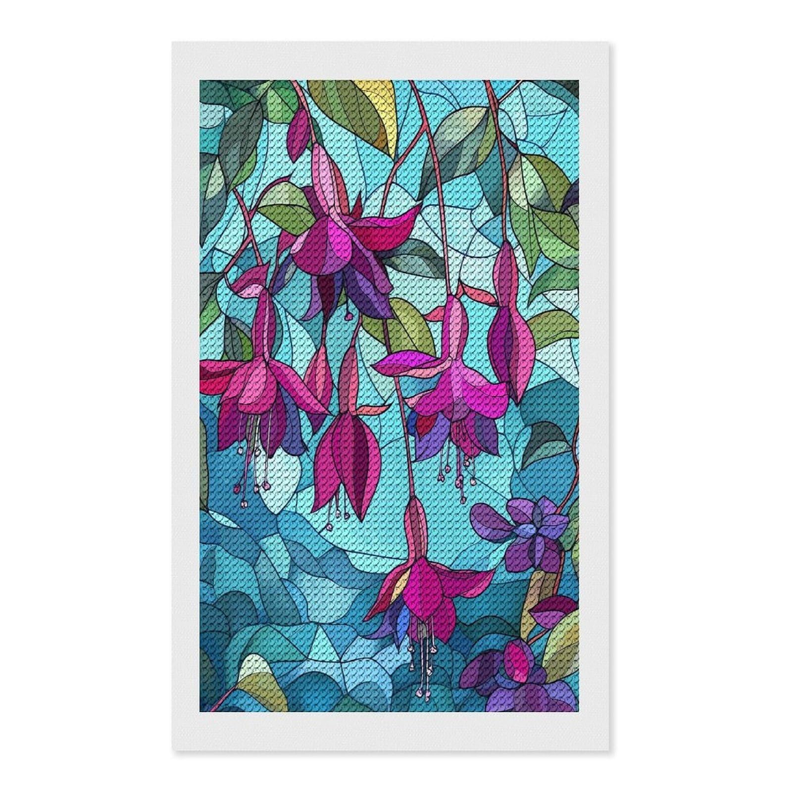 Junmoney Fuchsia Flowers Stained Glass Diamond Painting Canvas Set 12"x20", for Women, Mindful Craft Activity, Cosy Home Accent, Festive Craft Gift