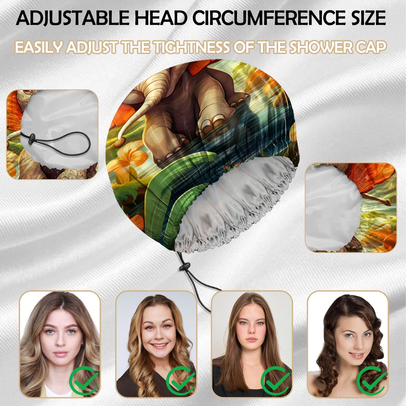 Deokke 2 PCS Shower Cap Reusable Large Waterproof Adjustable Double Layer Elastic Dry Hair Bathing Caps Aesthetic Cute for Women Girls (Q6-Elephant Cat) - Image 4